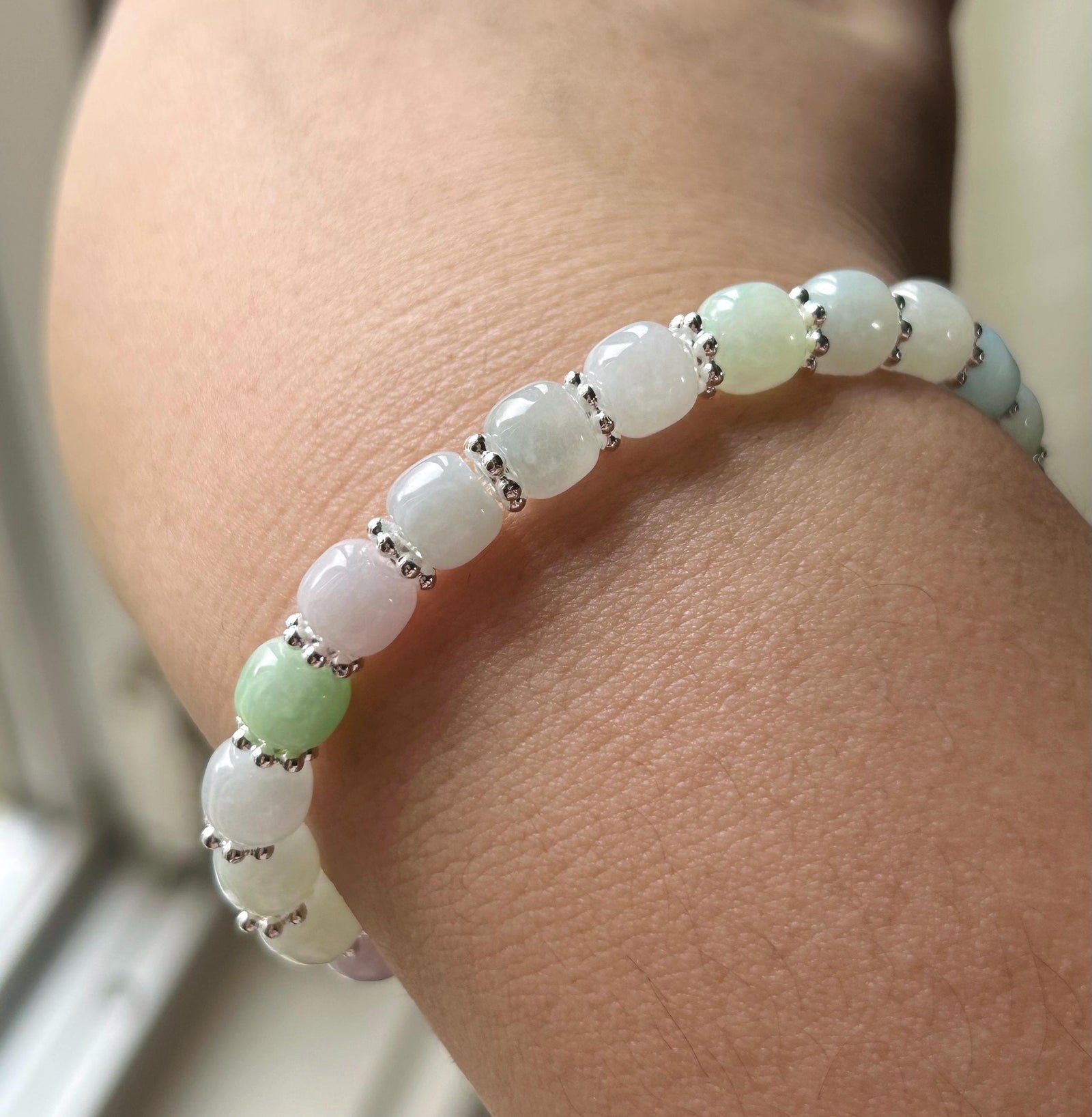 Natural Jadeite Beaded Bracelet, Burmese Type A Icy Translucent Macaron Multicolor 7.2mm Jade
