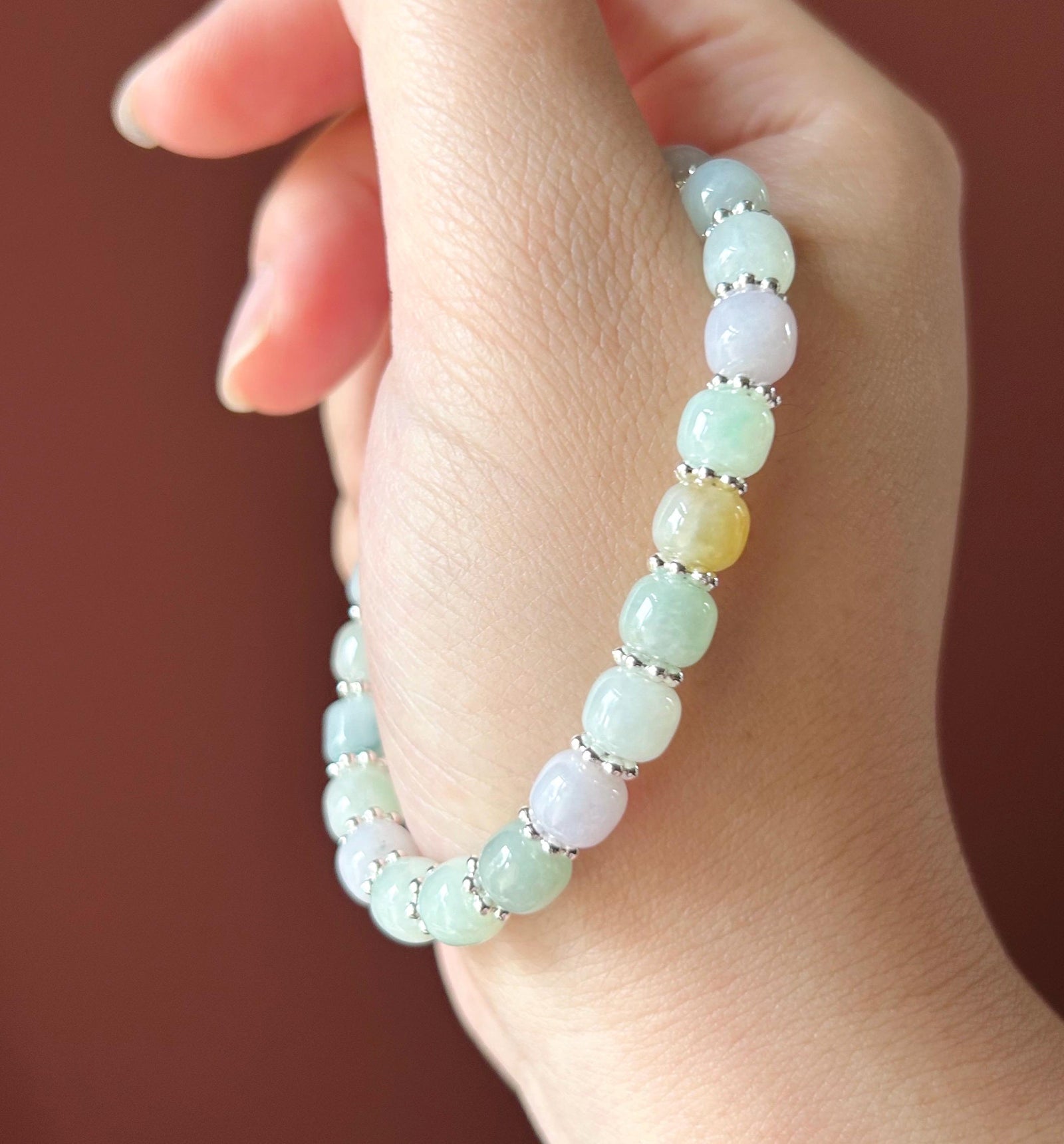 Natural Jadeite Beaded Bracelet, Burmese Type A Icy Translucent Macaron Multicolor 7.2mm Jade