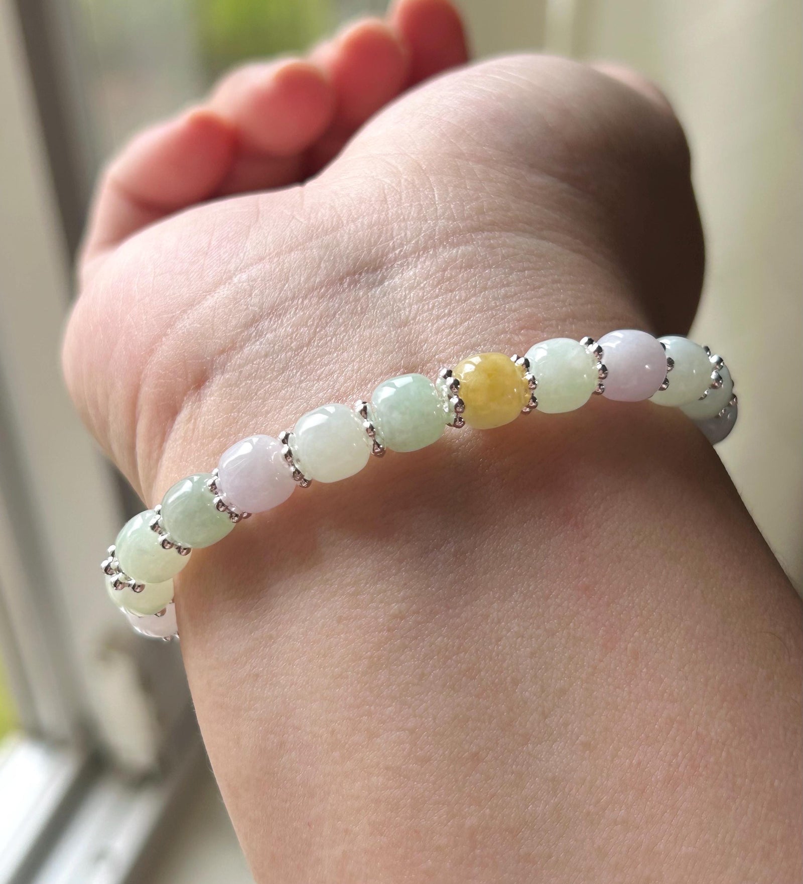Natural Jadeite Beaded Bracelet, Burmese Type A Icy Translucent Macaron Multicolor 7.2mm Jade