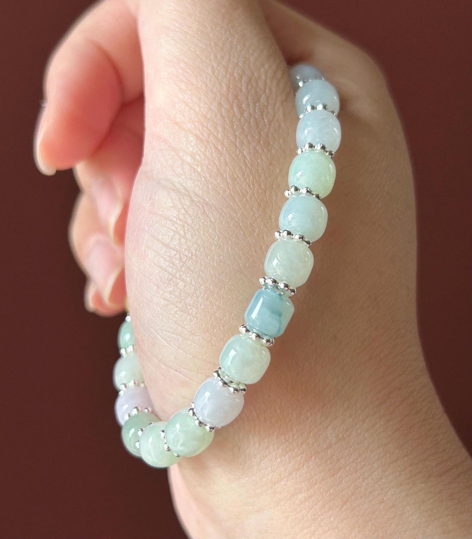 Natural Jadeite Beaded Bracelet, Burmese Type A Icy Translucent Macaron Multicolor 7.2mm Jade