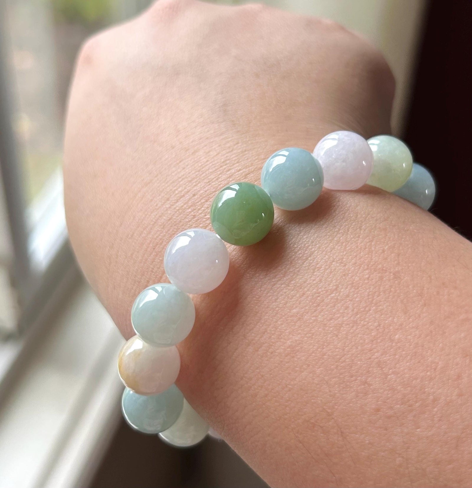 Natural Jadeite BIG Bead Bracelet, Type A Burmese Icy Gelatinous Multicolor Jade, Six-Syllable Mantra Carved Center, Spiritual Jewelry