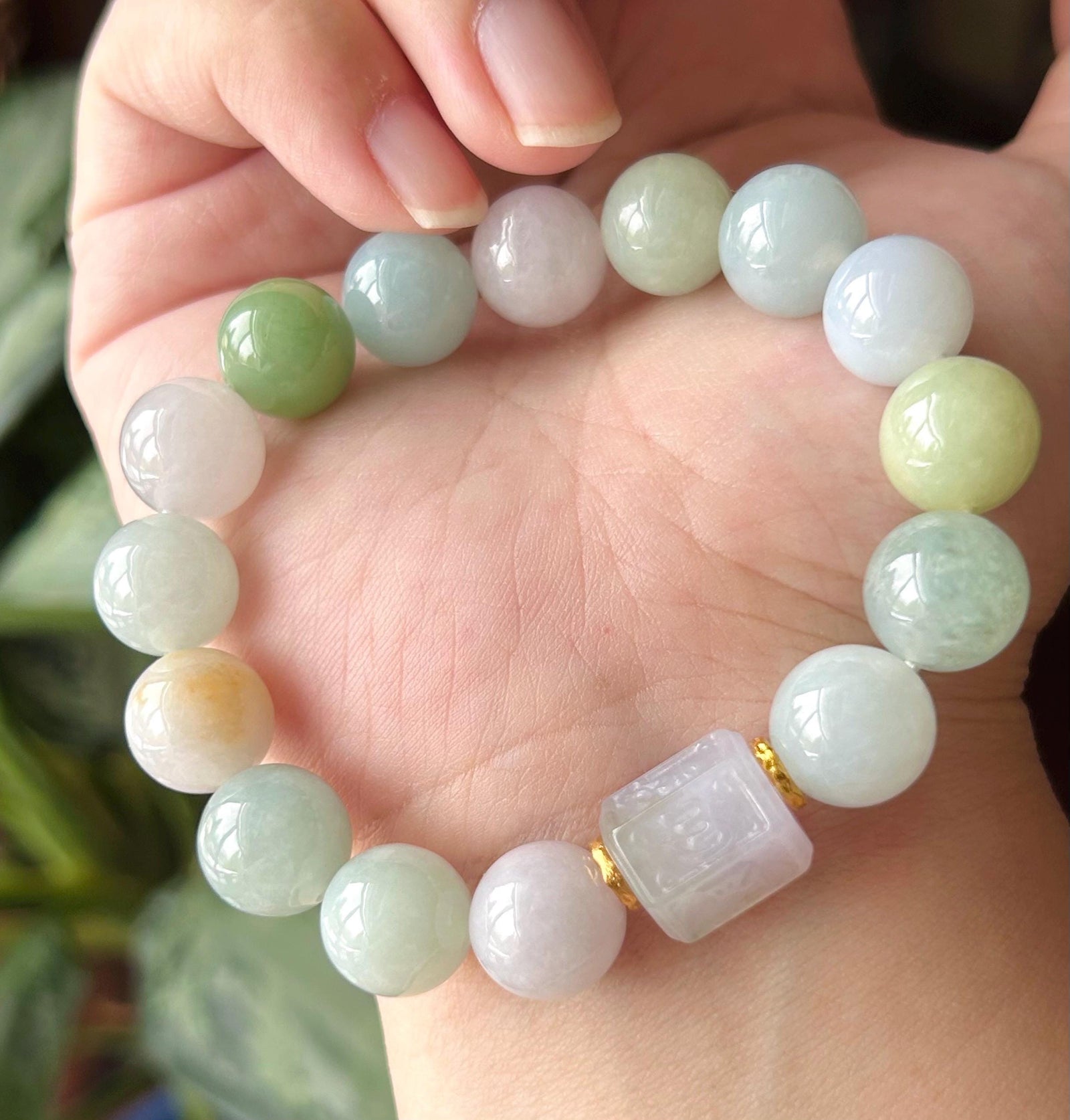 Natural Jadeite BIG Bead Bracelet, Type A Burmese Icy Gelatinous Multicolor Jade, Six-Syllable Mantra Carved Center, Spiritual Jewelry