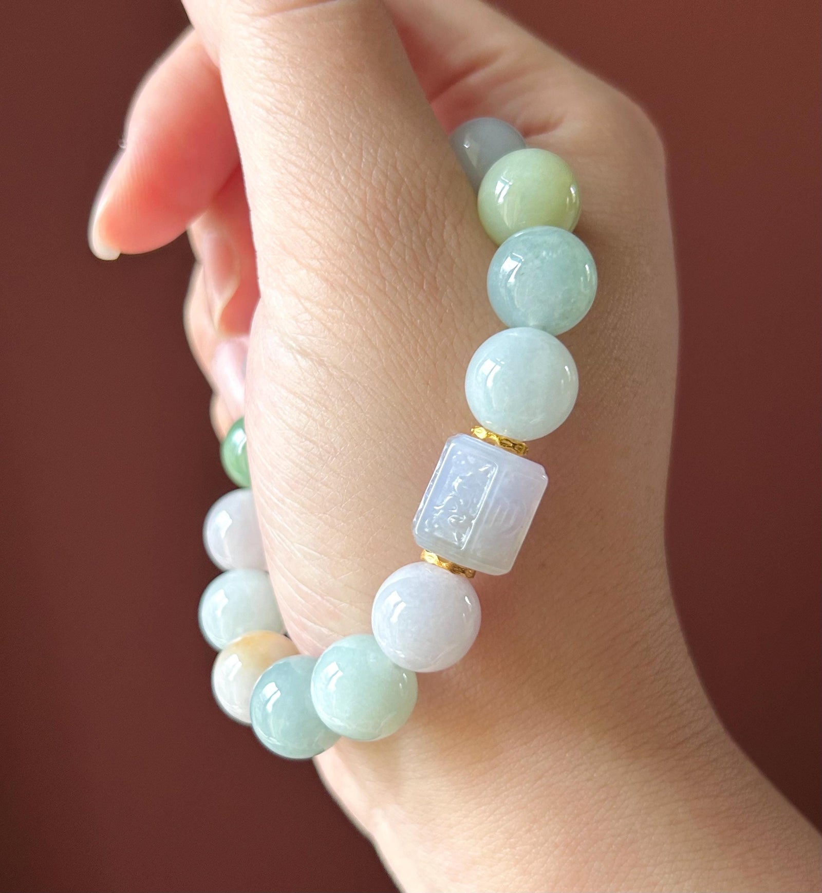 Natural Jadeite BIG Bead Bracelet, Type A Burmese Icy Gelatinous Multicolor Jade, Six-Syllable Mantra Carved Center, Spiritual Jewelry