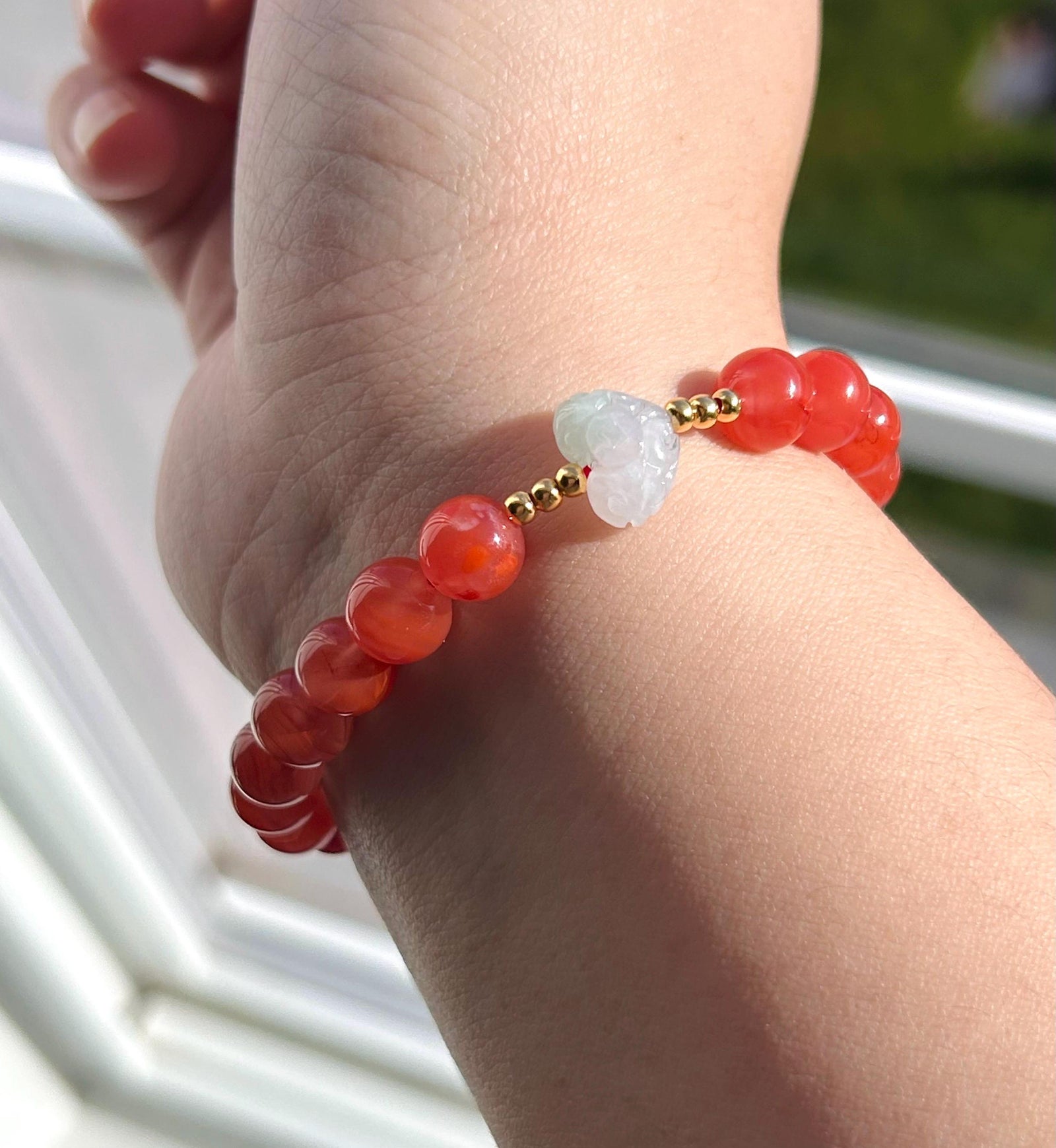 Natural Nanhong Agate Bracelet with Burmese Type A Icy Jadeite Focal Bead, 8mm Translucent Red Agate & Jade Bracelet