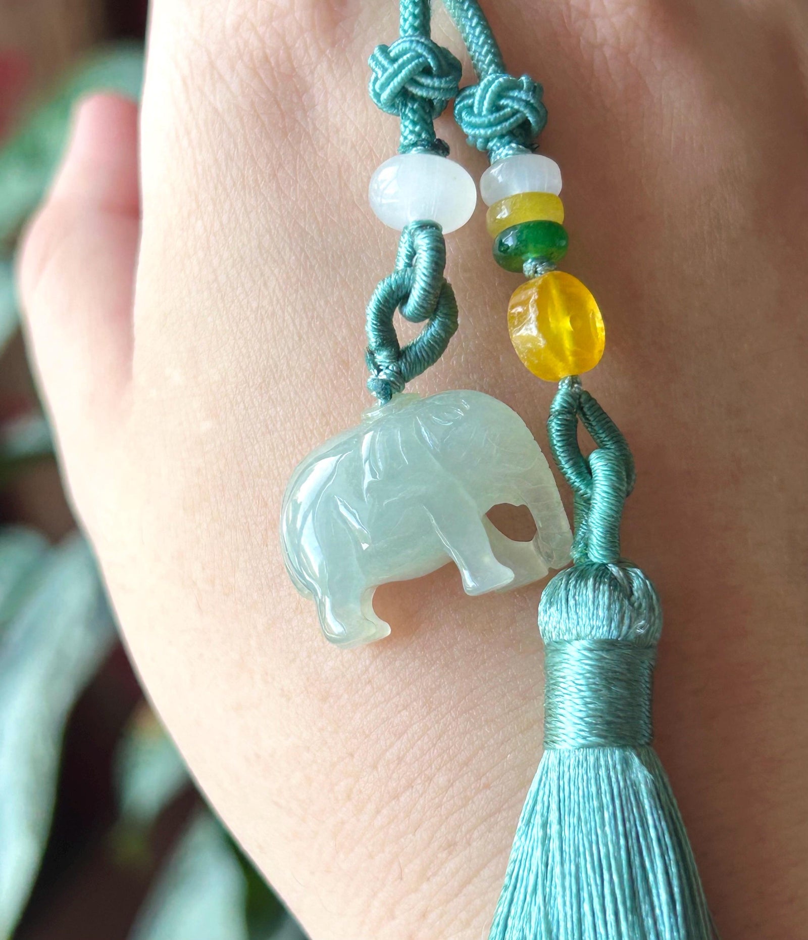 Natural Burmese Jadeite Elephant Tassel Bag Charm Highly Translucent Type A Icy Green Jade Pendant, Oriental Lucky Accessory