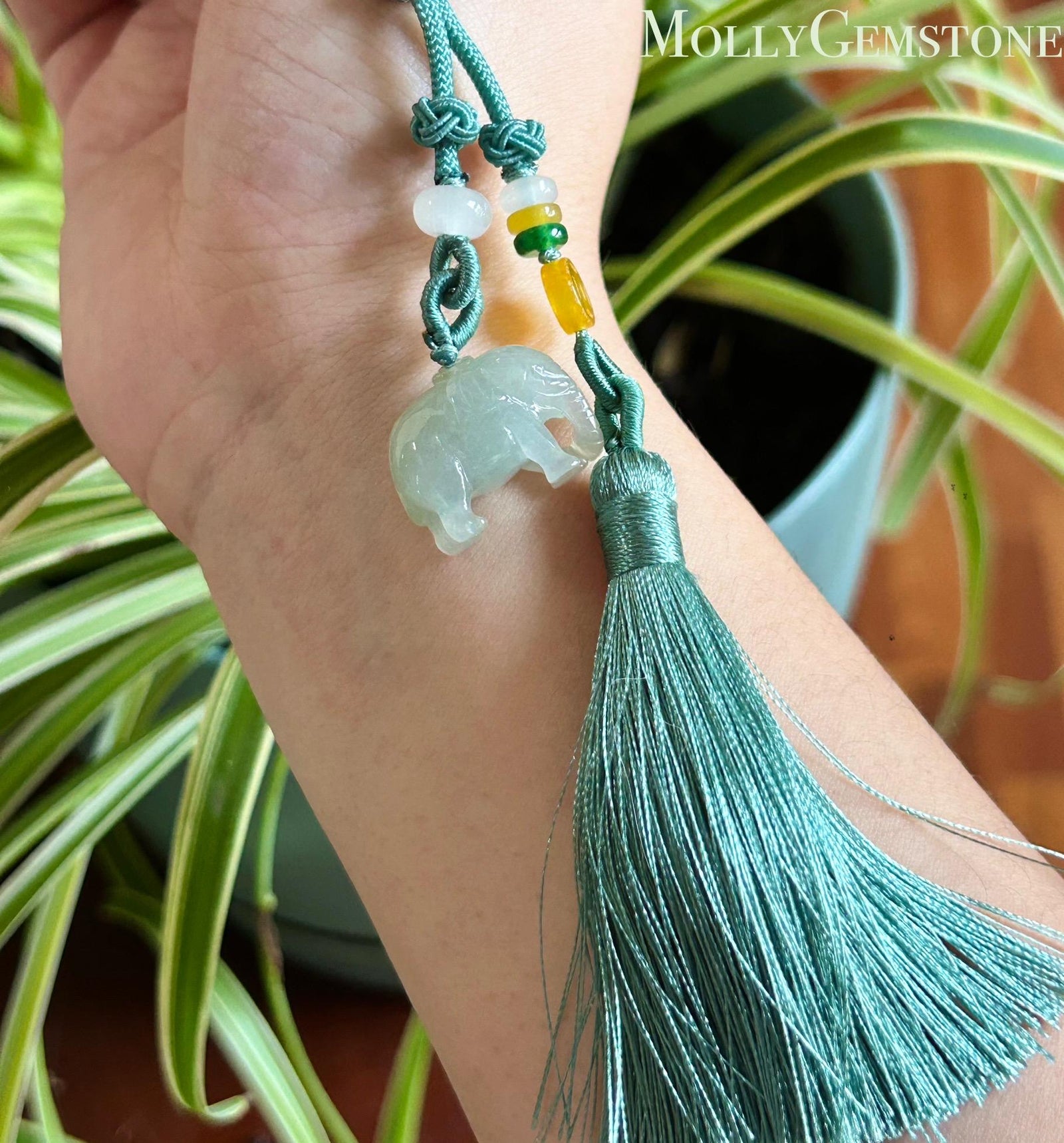 Natural Burmese Jadeite Elephant Tassel Bag Charm Highly Translucent Type A Icy Green Jade Pendant, Oriental Lucky Accessory