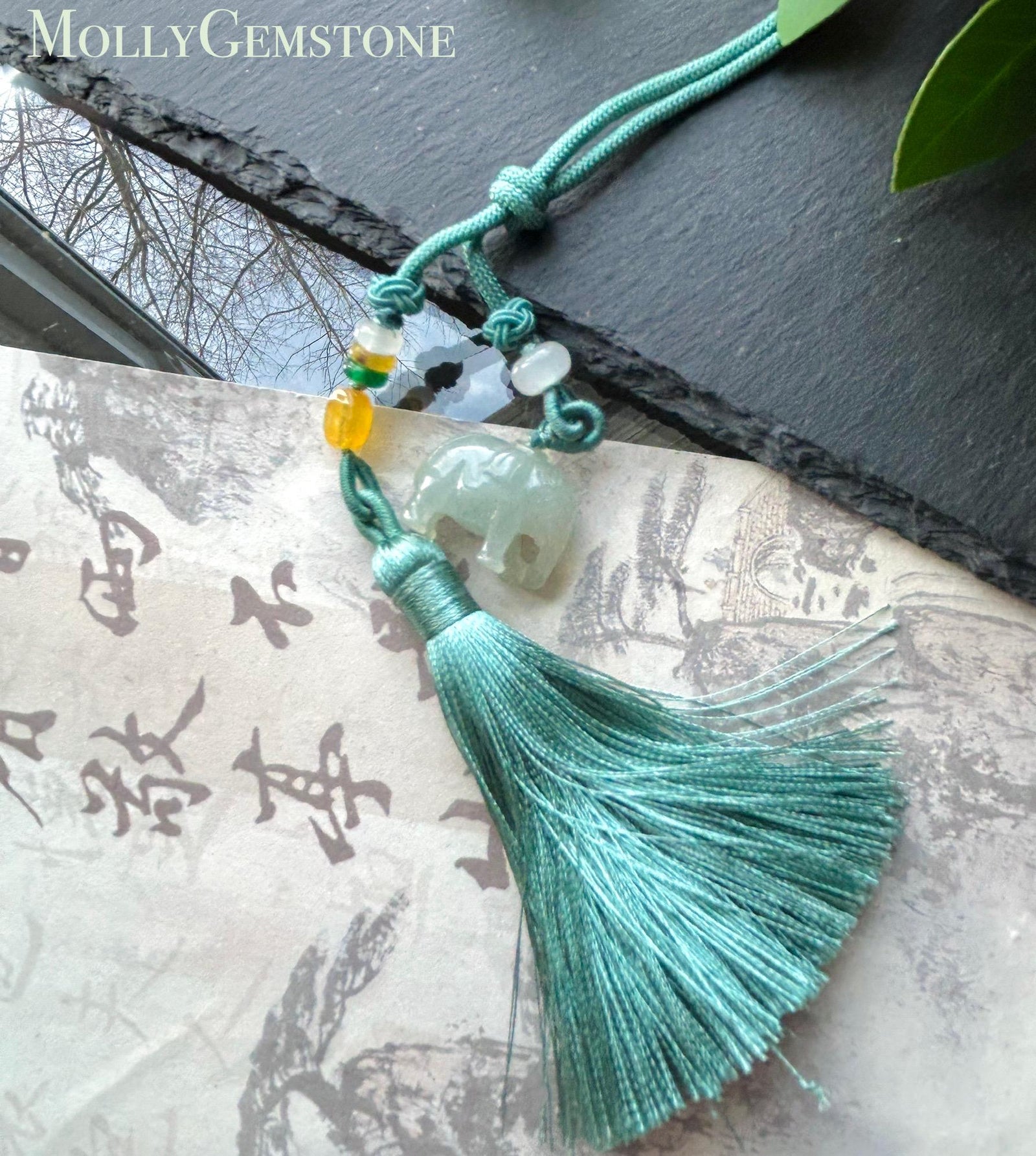 Natural Burmese Jadeite Elephant Tassel Bag Charm Highly Translucent Type A Icy Green Jade Pendant, Oriental Lucky Accessory