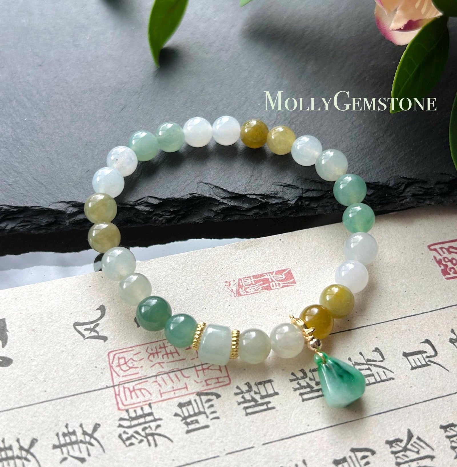 Natural Jadeite Beaded Bracelet Jewelry Burmese Type A Gelatinous Icy Translucent White, Green, Honey Yellow Jade 7.5mm