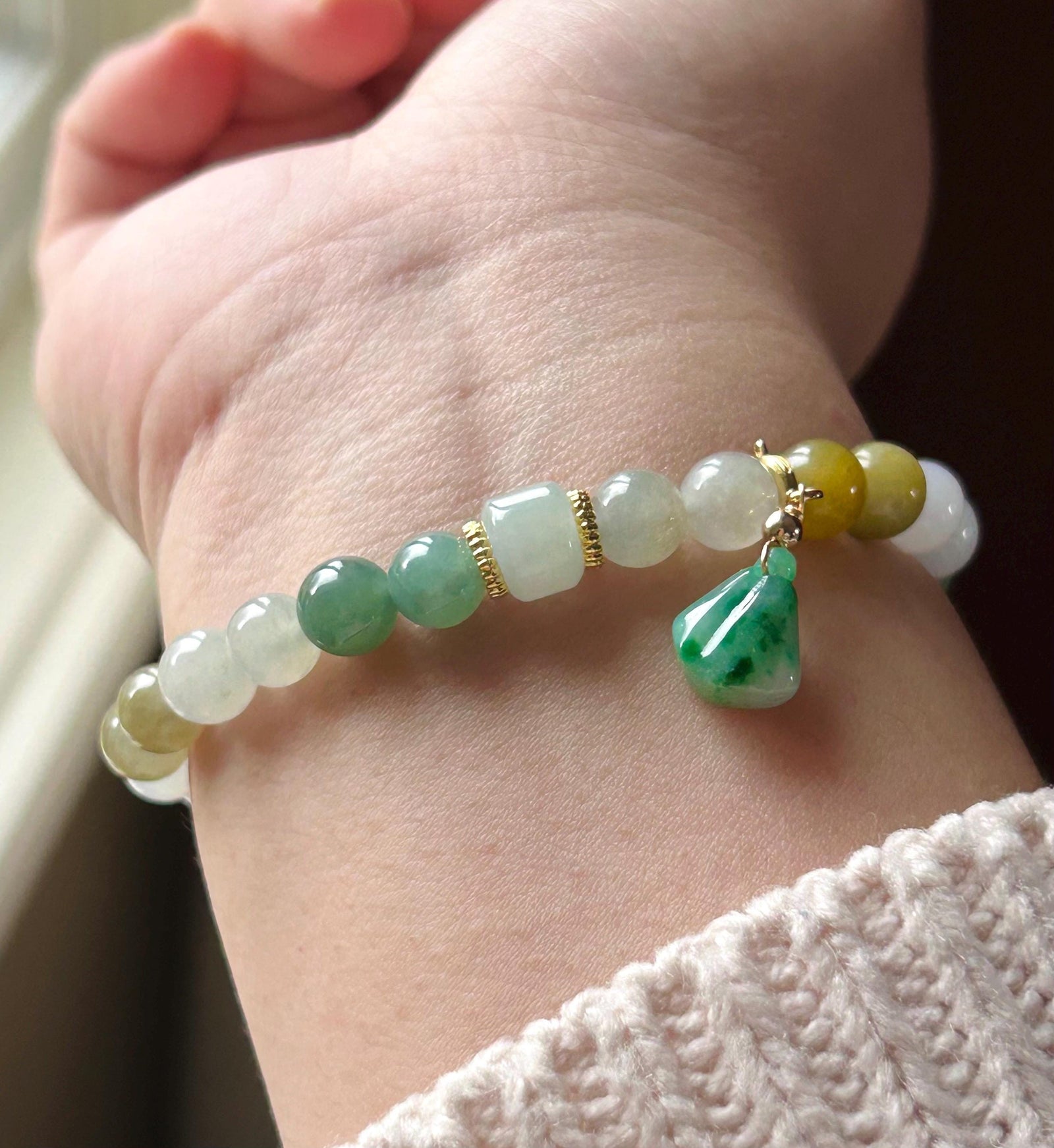 Natural Jadeite Beaded Bracelet Jewelry Burmese Type A Gelatinous Icy Translucent White, Green, Honey Yellow Jade 7.5mm