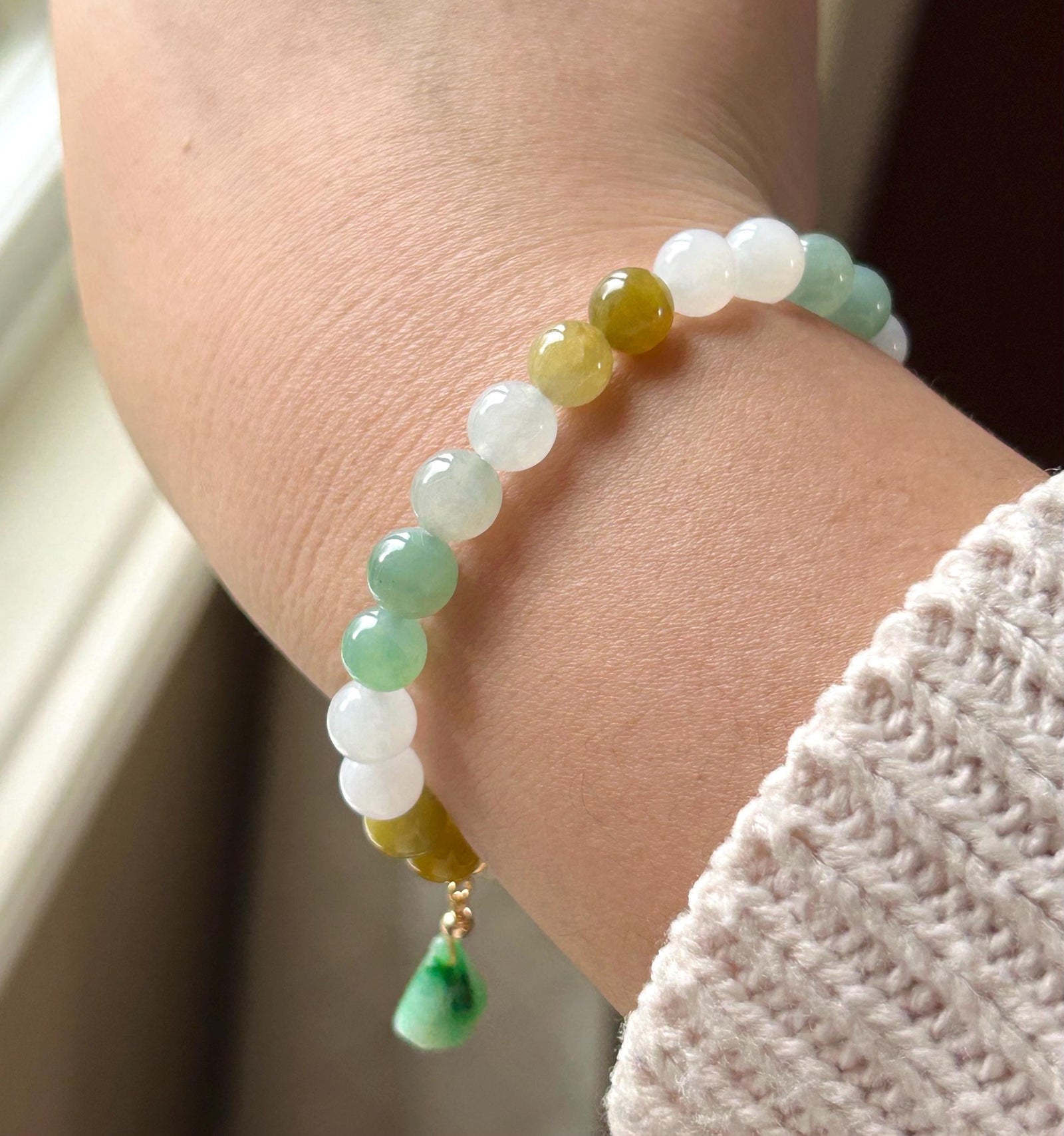 Natural Jadeite Beaded Bracelet Jewelry Burmese Type A Gelatinous Icy Translucent White, Green, Honey Yellow Jade 7.5mm