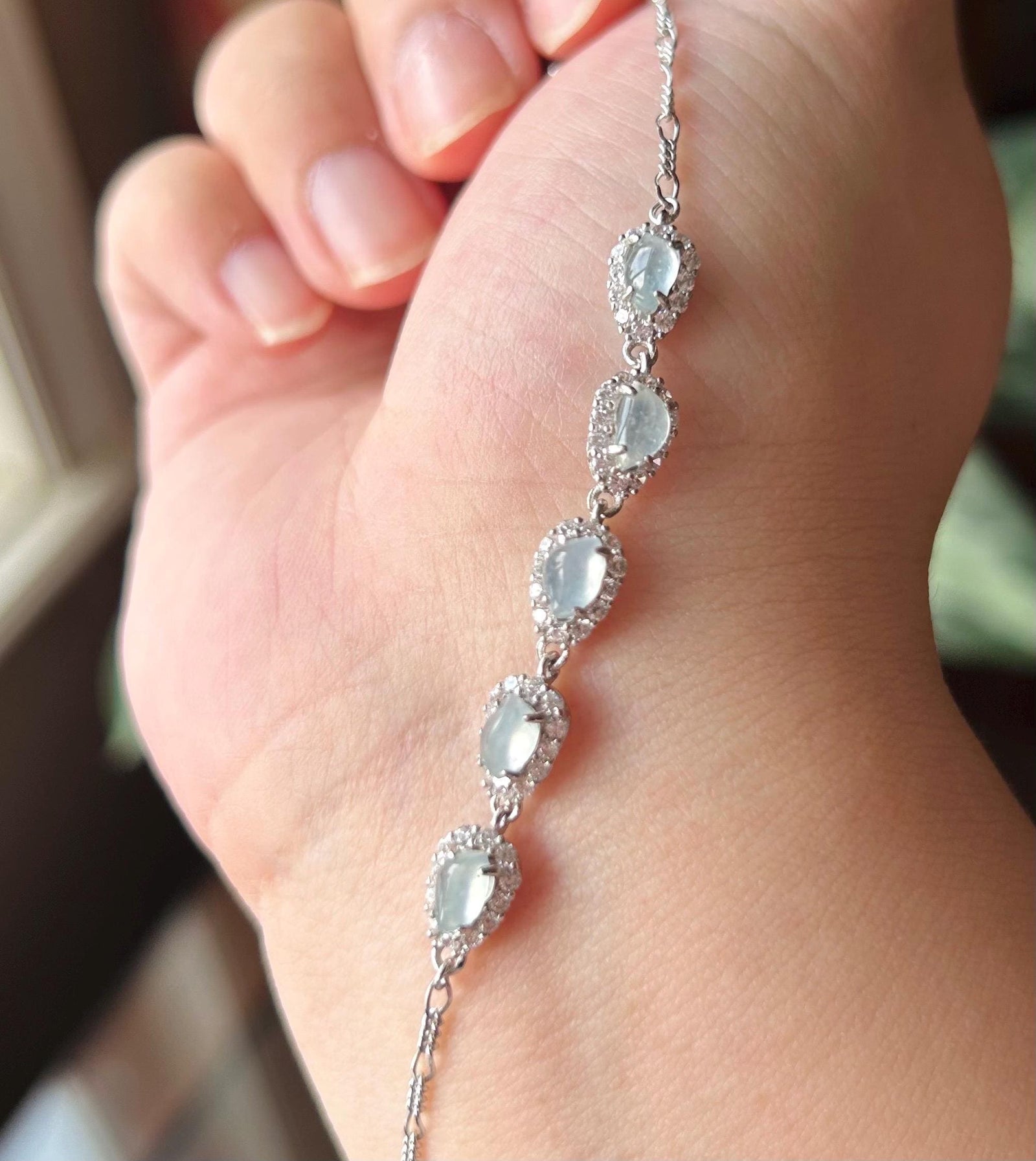 Natural Jadeite Marquise Bracelet, Burmese Type A Superior Translucency Icy White or Mint Green Fine Jade in 925 Sterling Silver