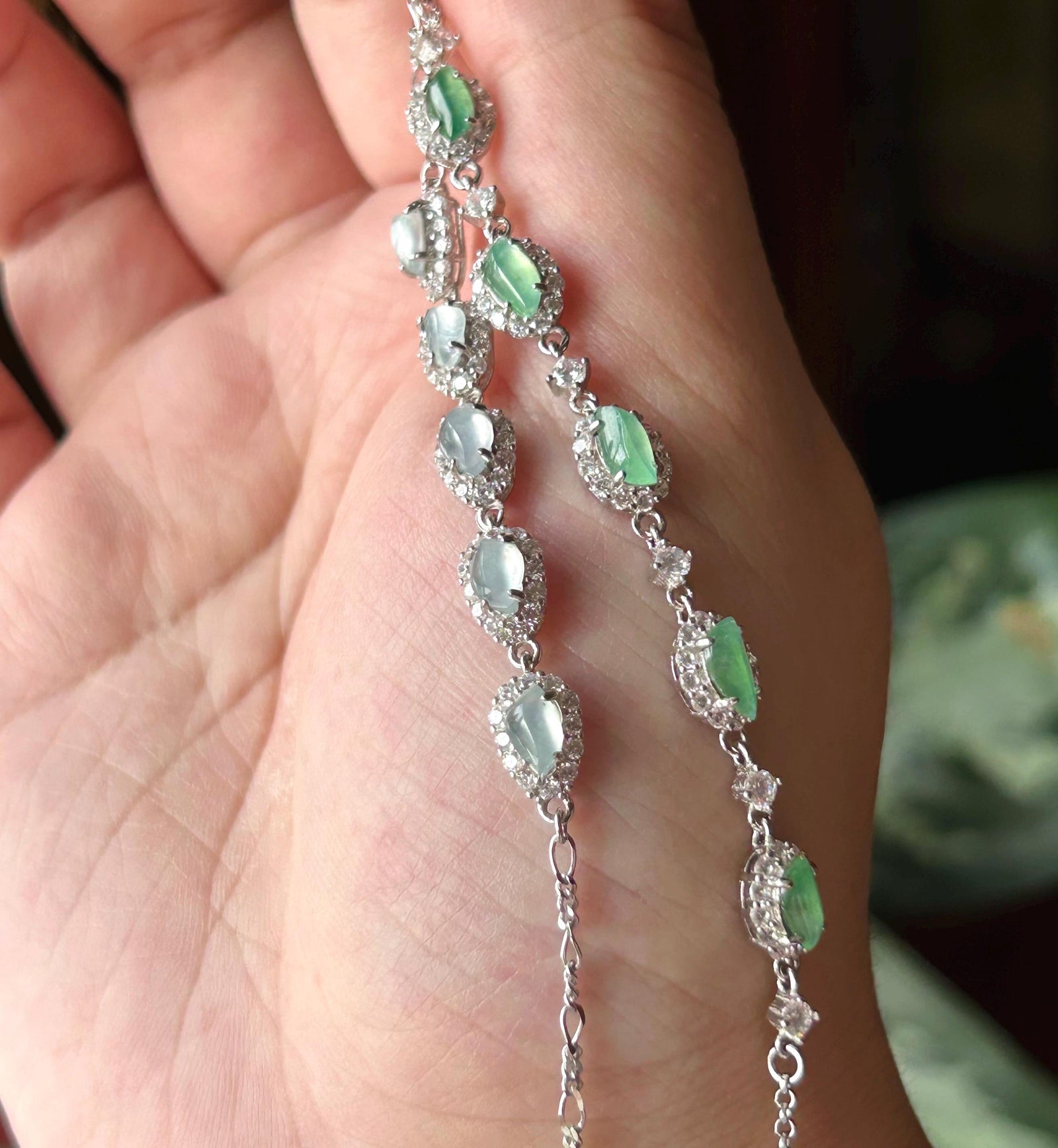 Natural Jadeite Marquise Bracelet, Burmese Type A Superior Translucency Icy White or Mint Green Fine Jade in 925 Sterling Silver