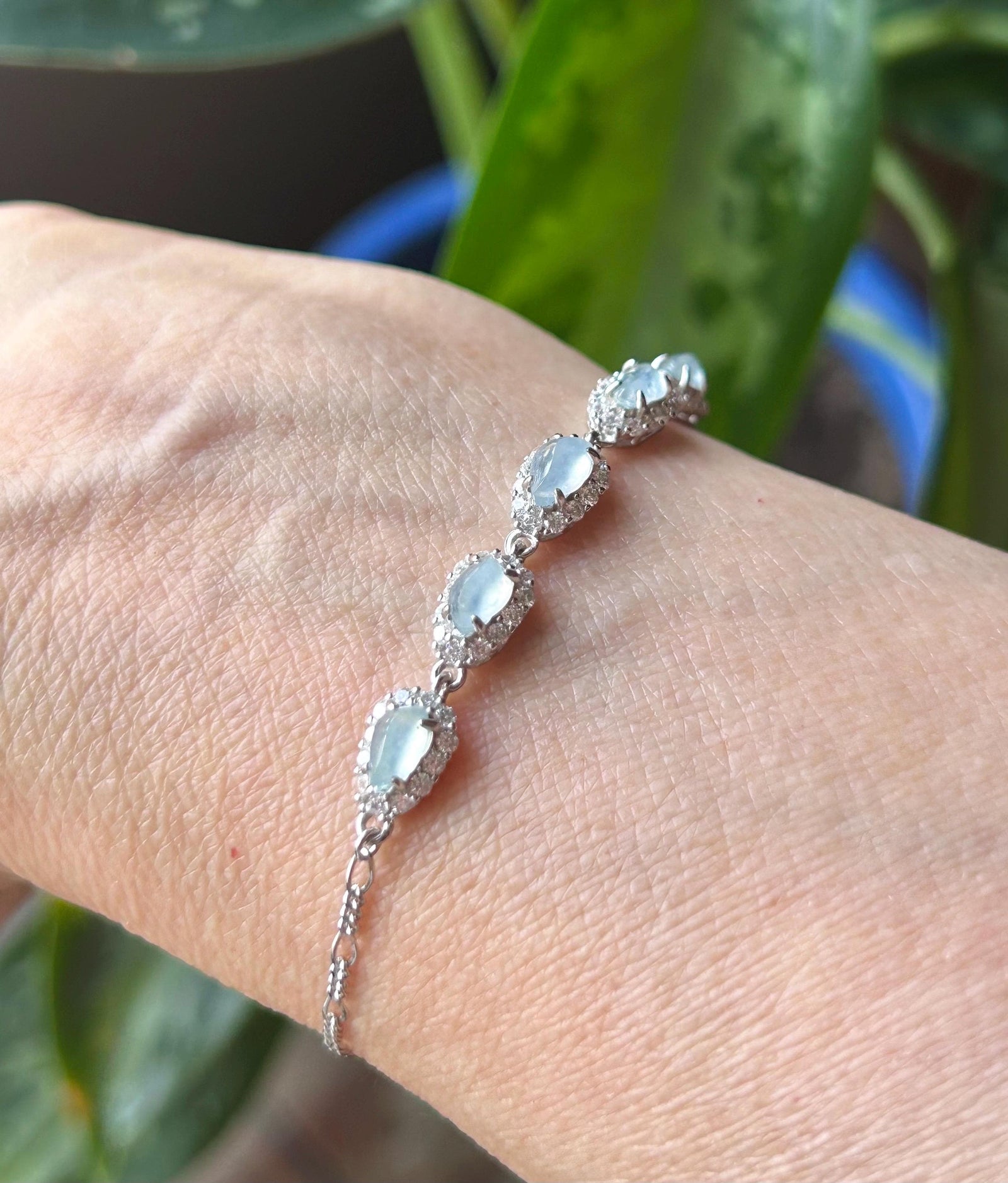 Natural Jadeite Marquise Bracelet, Burmese Type A Superior Translucency Icy White or Mint Green Fine Jade in 925 Sterling Silver