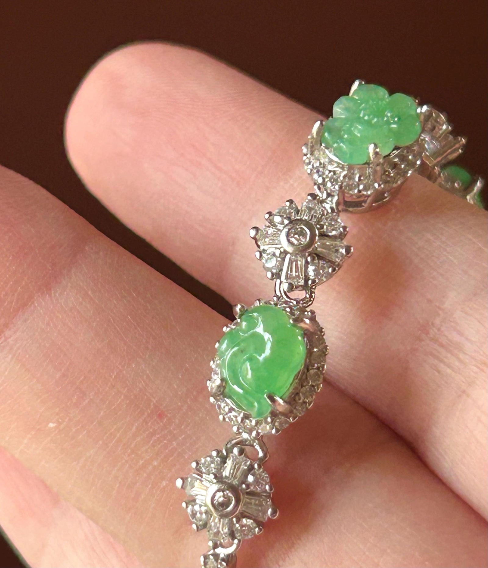 Certified Natural Jadeite Floral Bracelet, Burmese Type A Icy Translucent Vivid Green Jade Magnolia Peach Blossom Lingzhi Carving & Silver