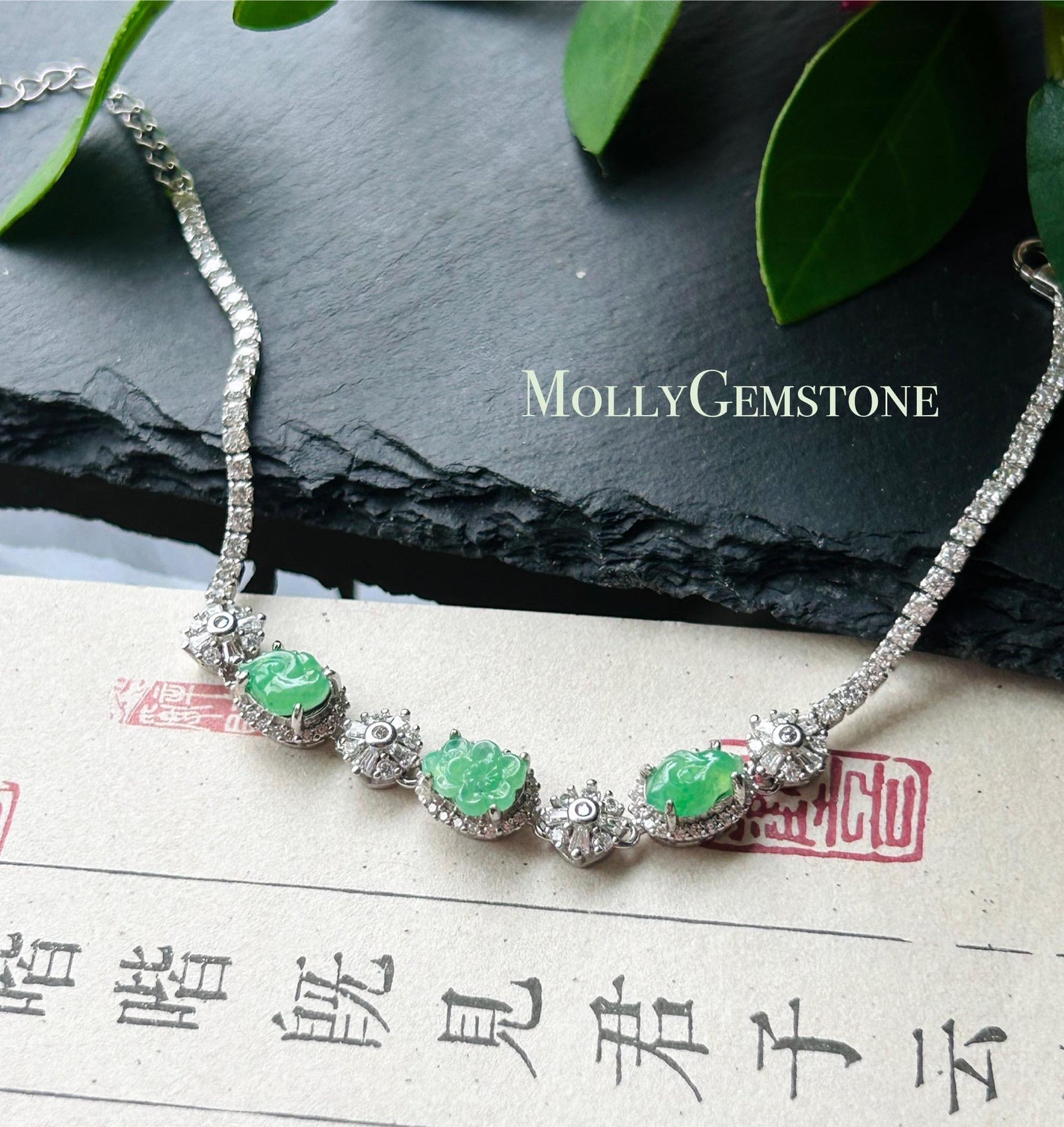 Certified Natural Jadeite Floral Bracelet, Burmese Type A Icy Translucent Vivid Green Jade Magnolia Peach Blossom Lingzhi Carving & Silver