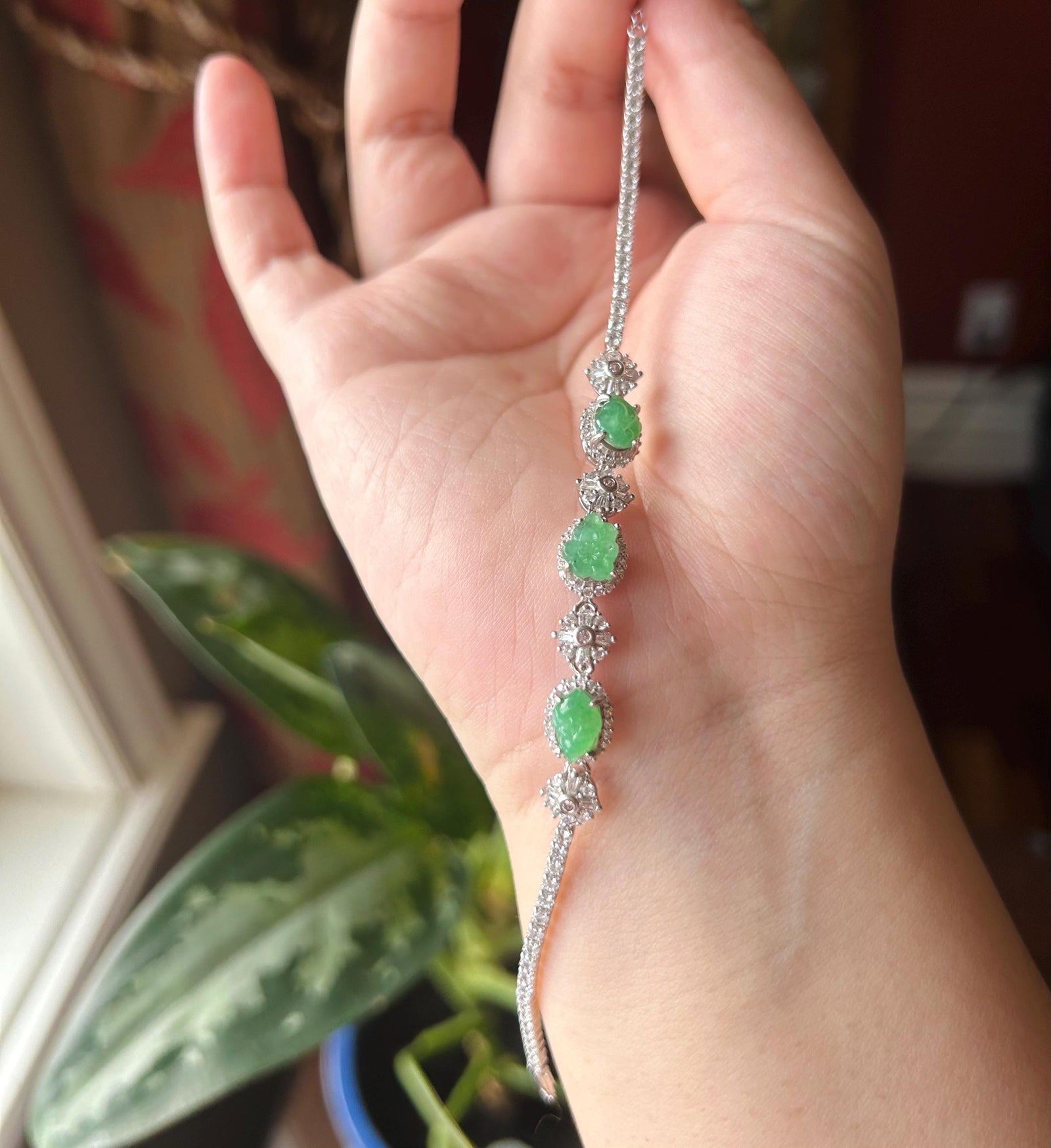 Certified Natural Jadeite Floral Bracelet, Burmese Type A Icy Translucent Vivid Green Jade Magnolia Peach Blossom Lingzhi Carving & Silver