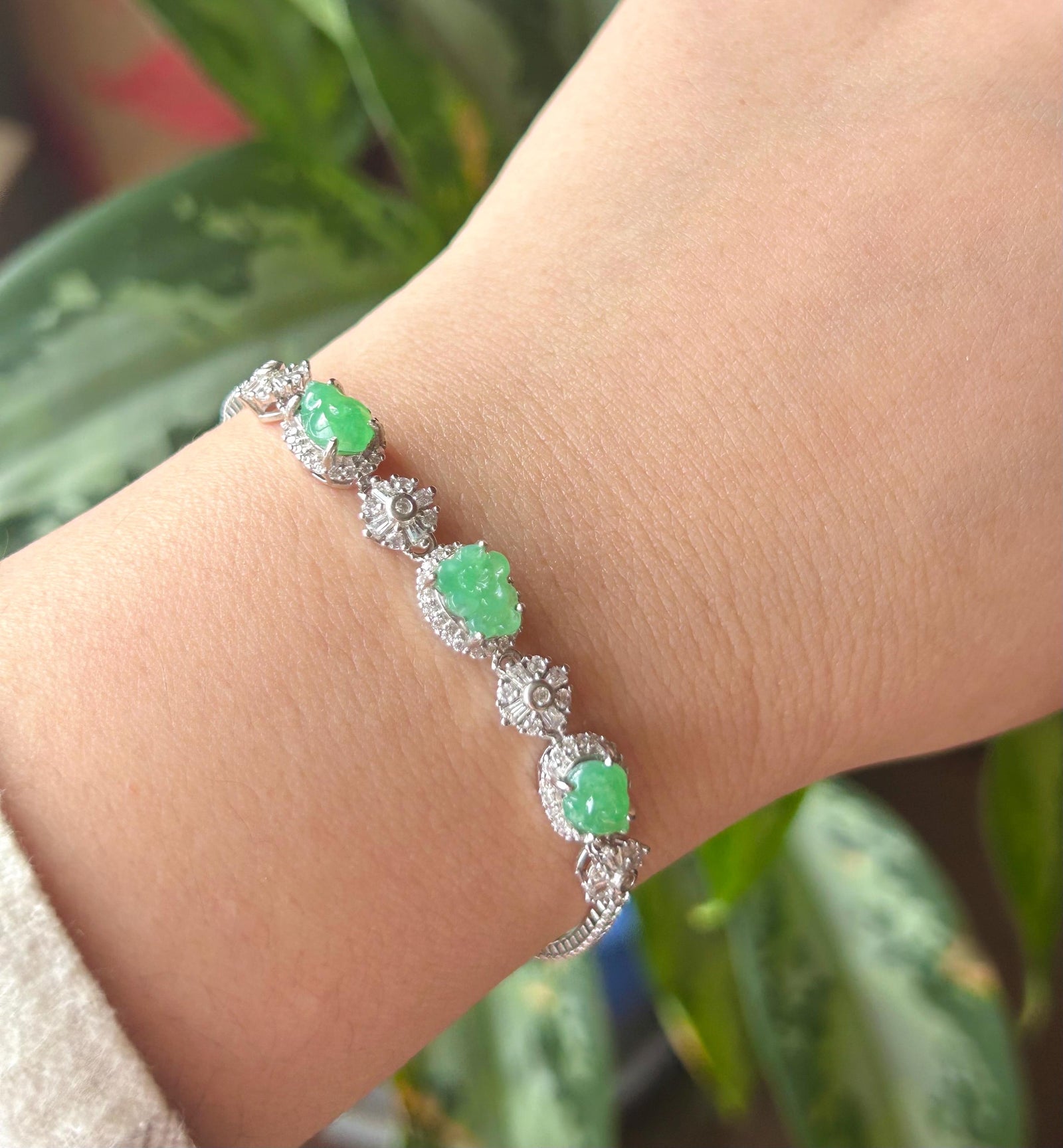 Certified Natural Jadeite Floral Bracelet, Burmese Type A Icy Translucent Vivid Green Jade Magnolia Peach Blossom Lingzhi Carving & Silver