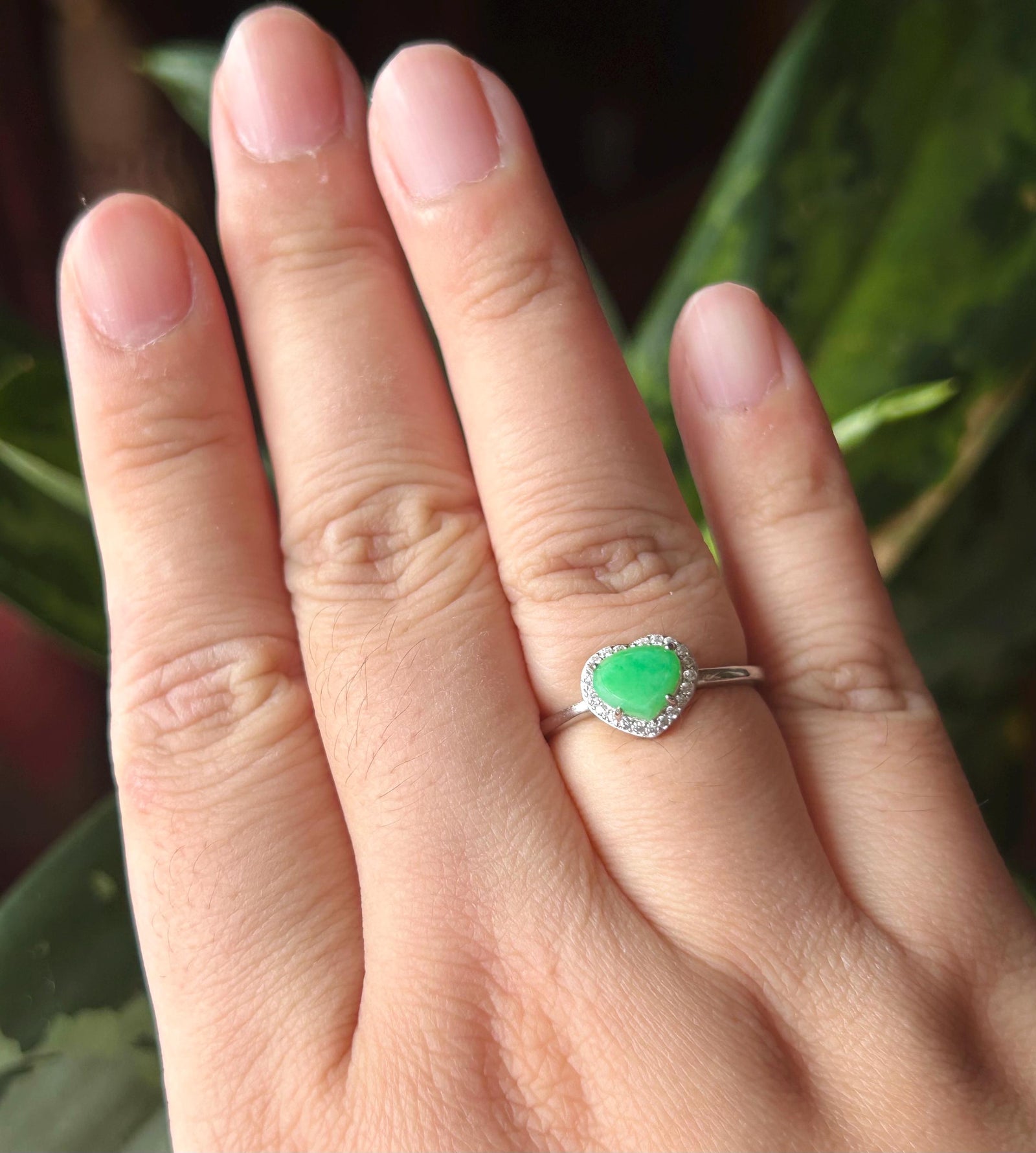 Natural Jadeite & Sterling Silver Adjustable Ring Band Burmese Type A Translucent Icy Vivid Yang Green Heart Jade