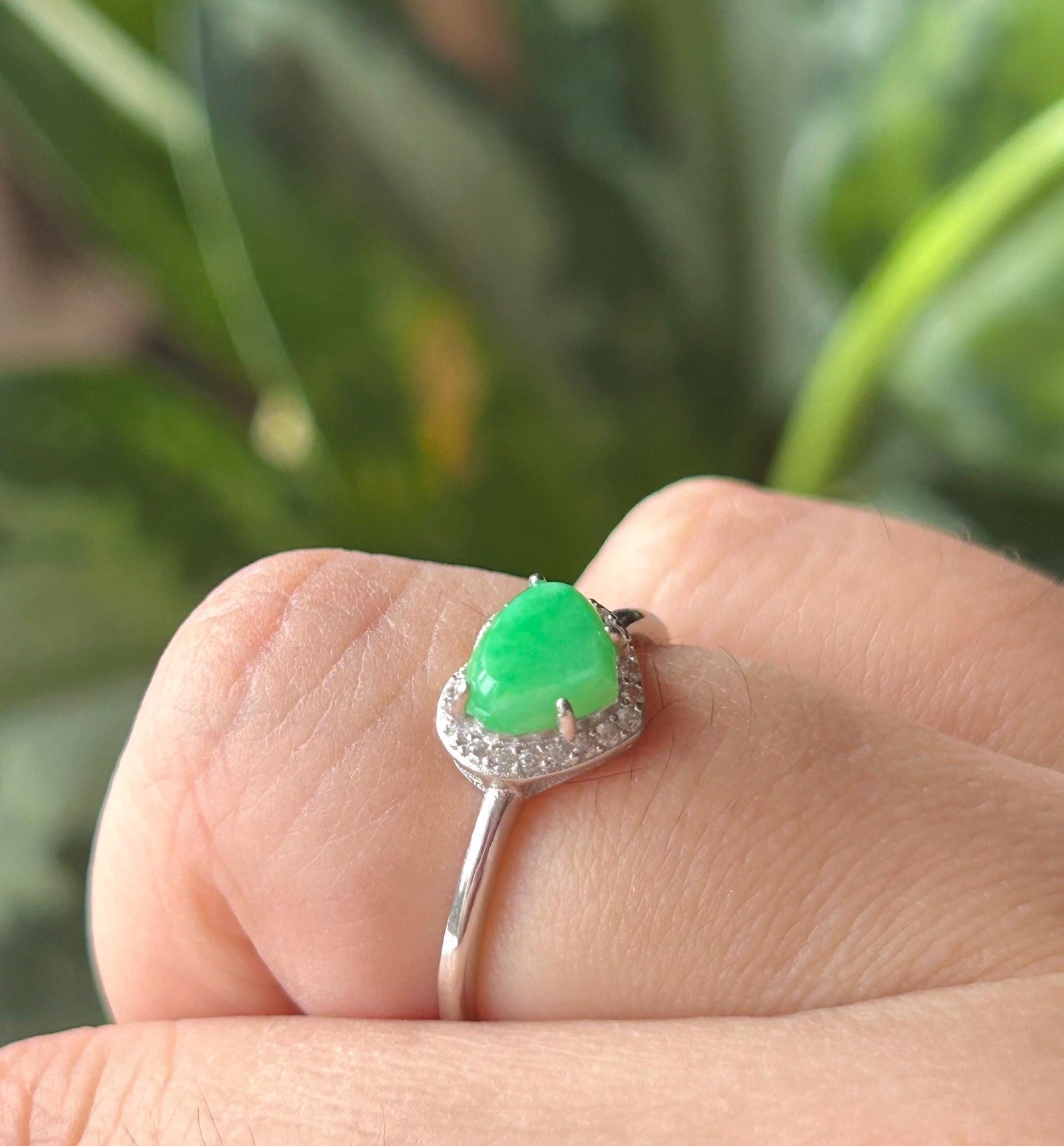 Natural Jadeite & Sterling Silver Adjustable Ring Band Burmese Type A Translucent Icy Vivid Yang Green Heart Jade