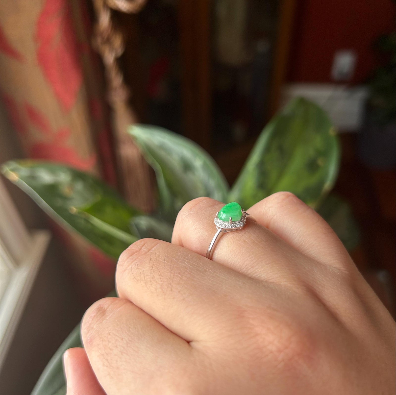 Natural Jadeite & Sterling Silver Adjustable Ring Band Burmese Type A Translucent Icy Vivid Yang Green Heart Jade