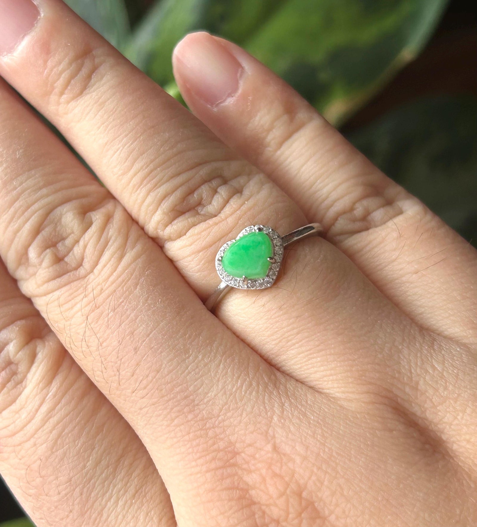 Natural Jadeite & Sterling Silver Adjustable Ring Band Burmese Type A Translucent Icy Vivid Yang Green Heart Jade