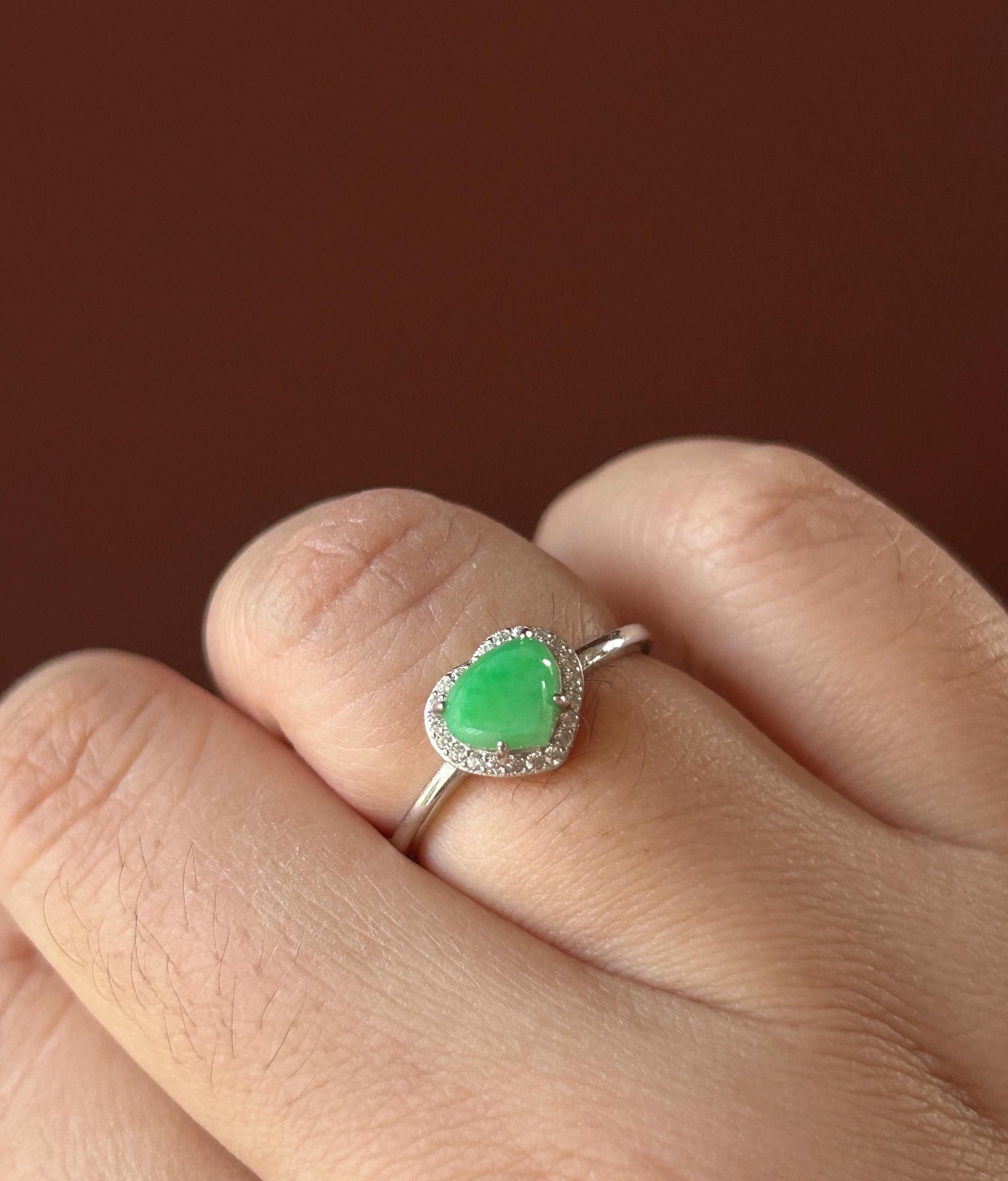 Natural Jadeite & Sterling Silver Adjustable Ring Band Burmese Type A Translucent Icy Vivid Yang Green Heart Jade
