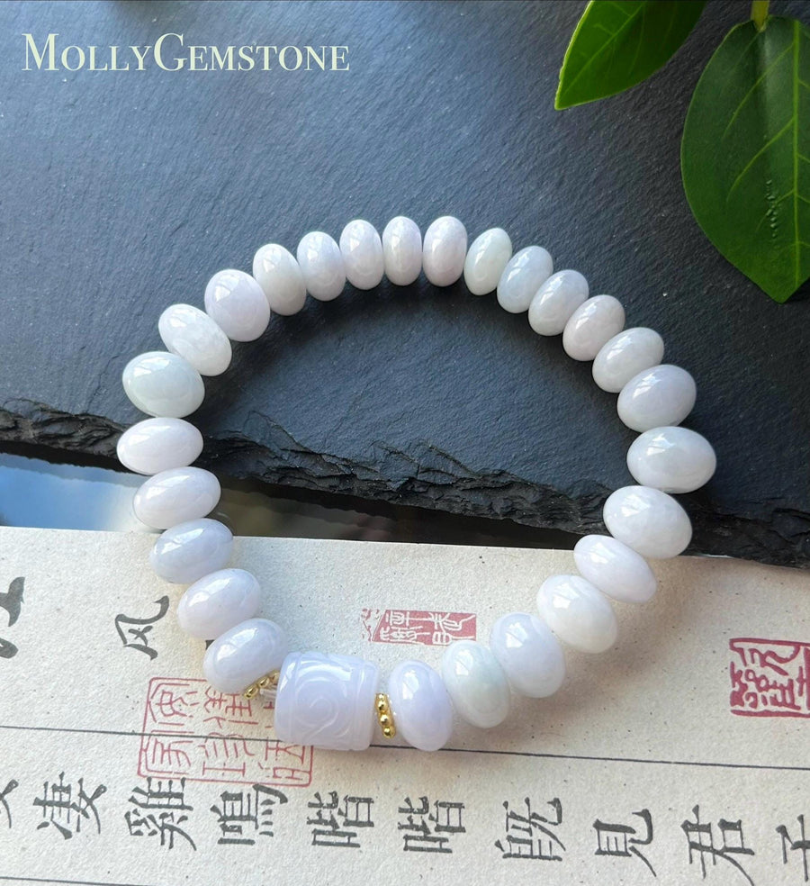 Natural Jadeite Beaded Bracelet | Burmese Type A Icy Glutinous Pale Pinkish Lavender Jade 10-13mm, Carved Cloud Barrel Bead