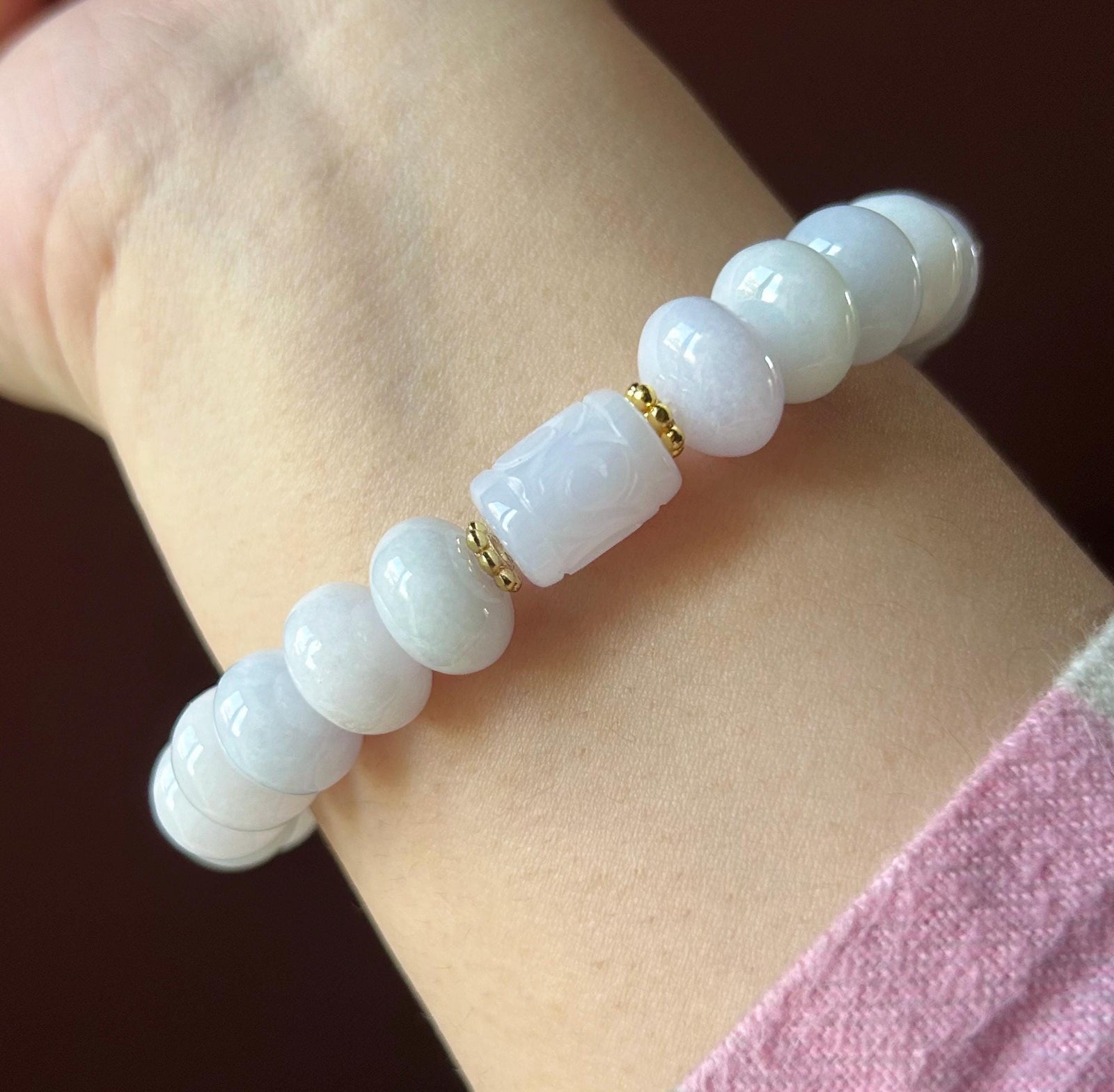 Natural Jadeite Beaded Bracelet | Burmese Type A Icy Glutinous Pale Pinkish Lavender Jade 10-13mm, Carved Cloud Barrel Bead