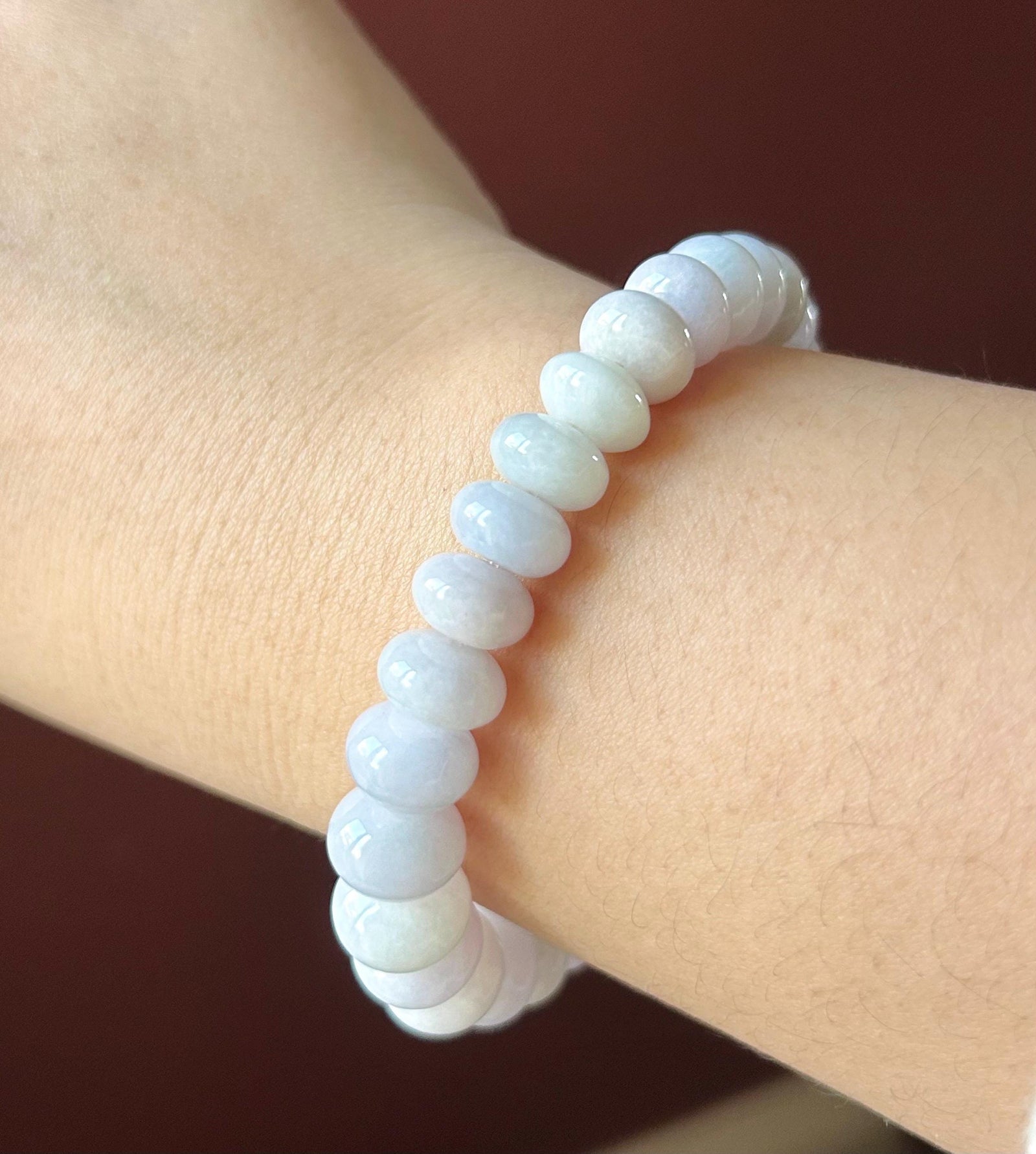 Natural Jadeite Beaded Bracelet | Burmese Type A Icy Glutinous Pale Pinkish Lavender Jade 10-13mm, Carved Cloud Barrel Bead