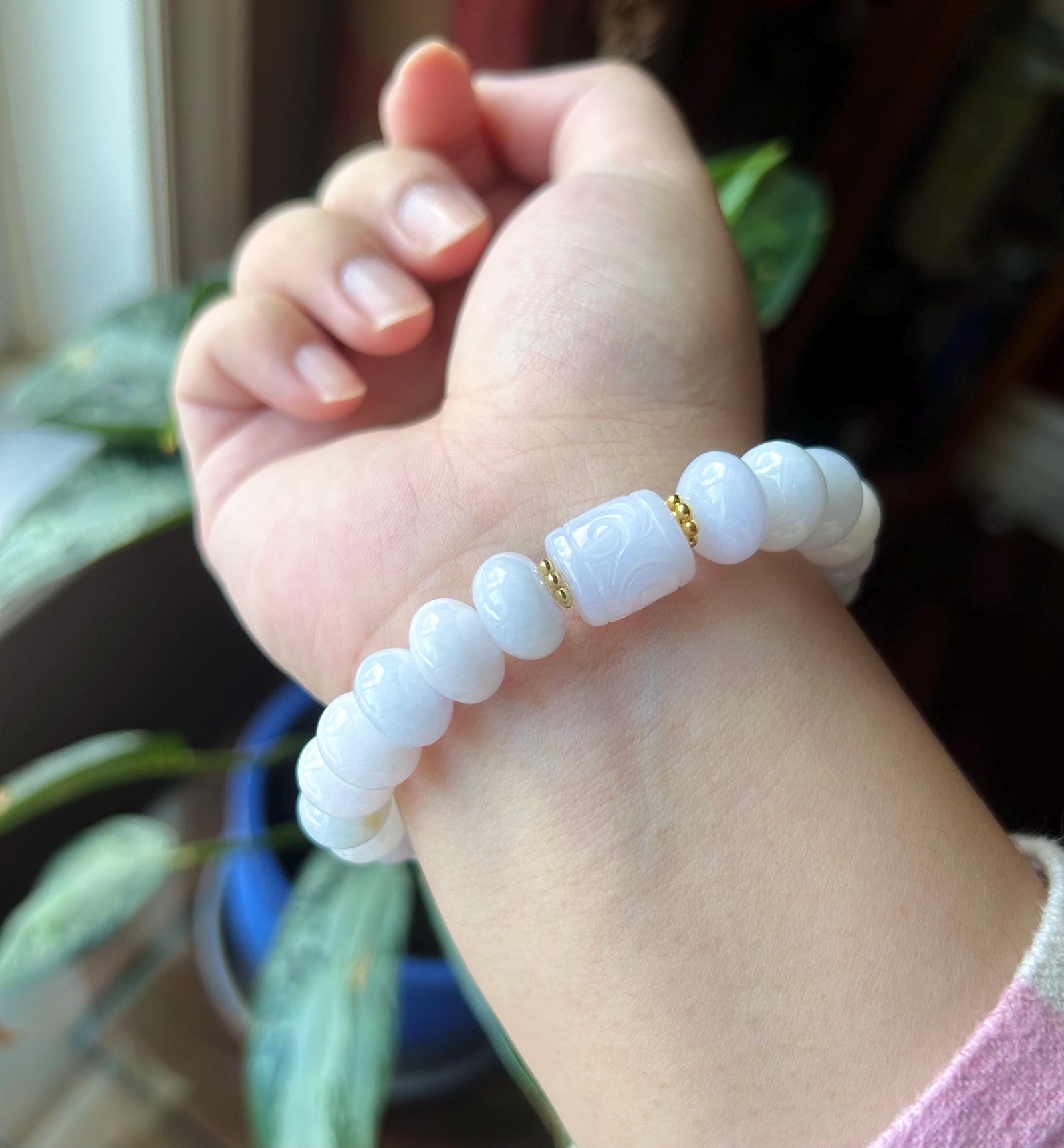 Natural Jadeite Beaded Bracelet | Burmese Type A Icy Glutinous Pale Pinkish Lavender Jade 10-13mm, Carved Cloud Barrel Bead