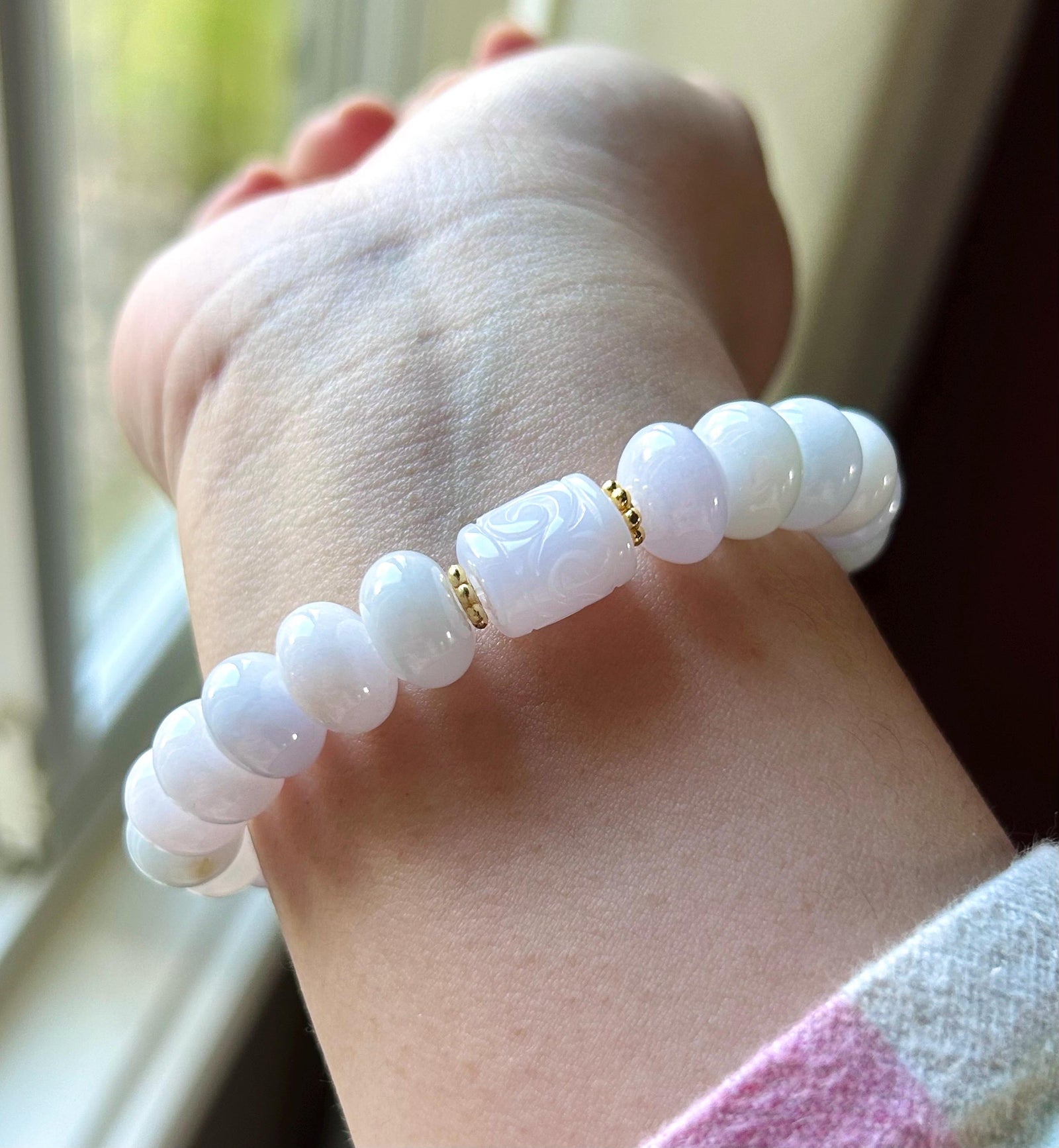 Natural Jadeite Beaded Bracelet | Burmese Type A Icy Glutinous Pale Pinkish Lavender Jade 10-13mm, Carved Cloud Barrel Bead