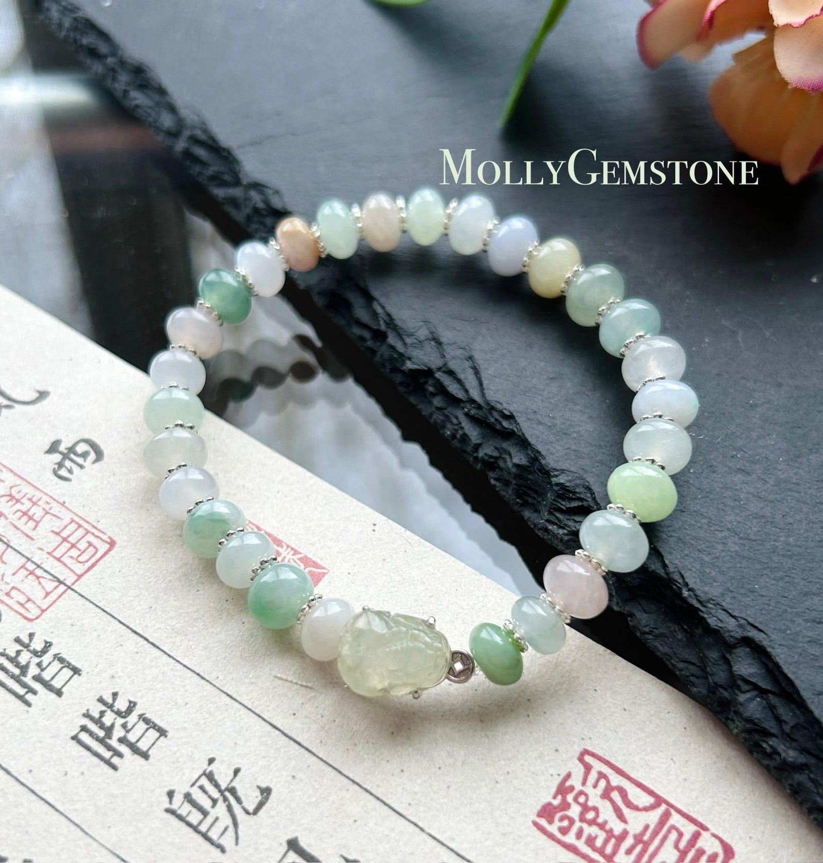 Natural Jadeite Multi-Color Beaded Bracelet | Macaron Style Burmese Type A Icy Translucent Jade | Pixiu Charm with Coin