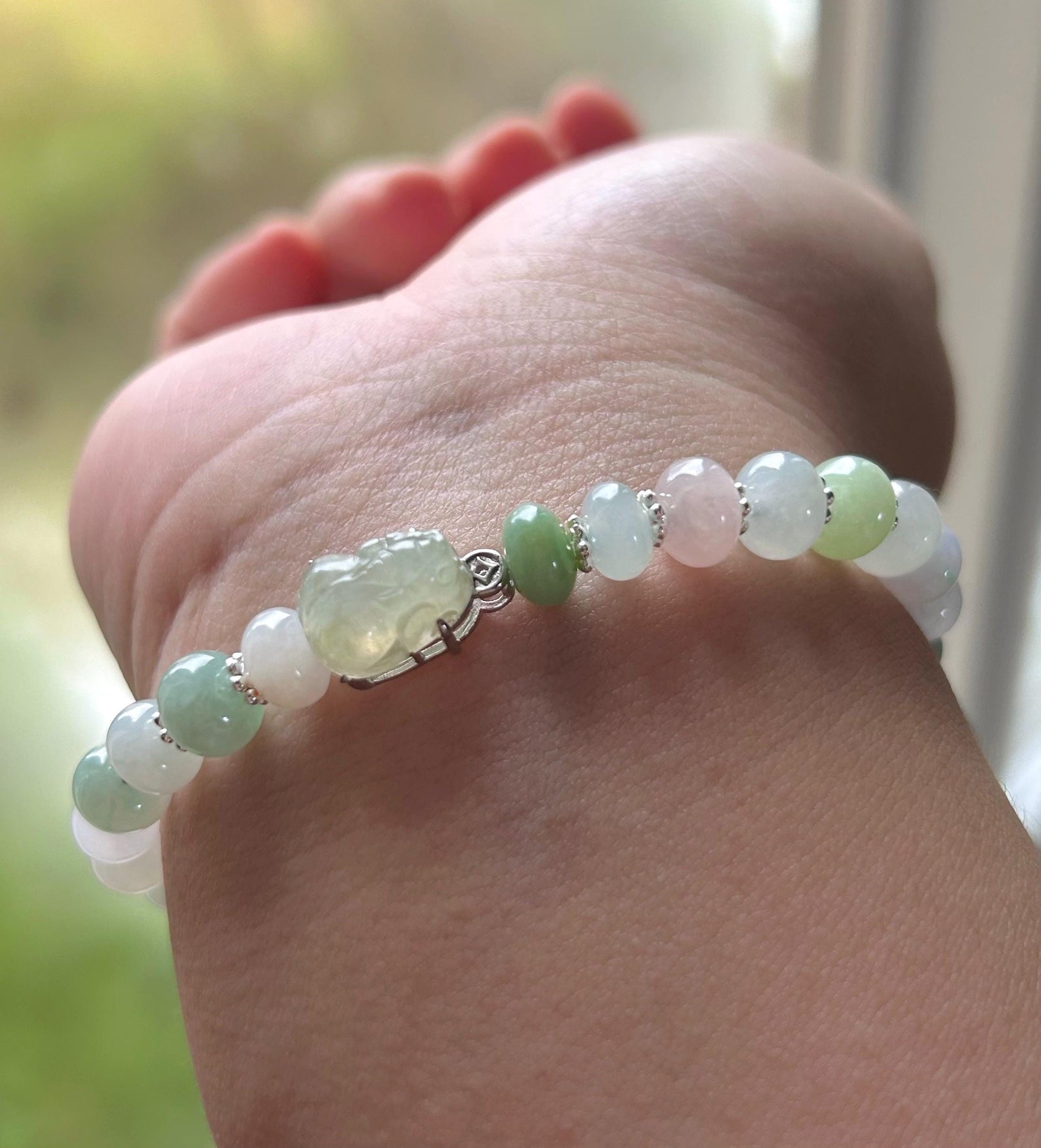Natural Jadeite Multi-Color Beaded Bracelet | Macaron Style Burmese Type A Icy Translucent Jade | Pixiu Charm with Coin