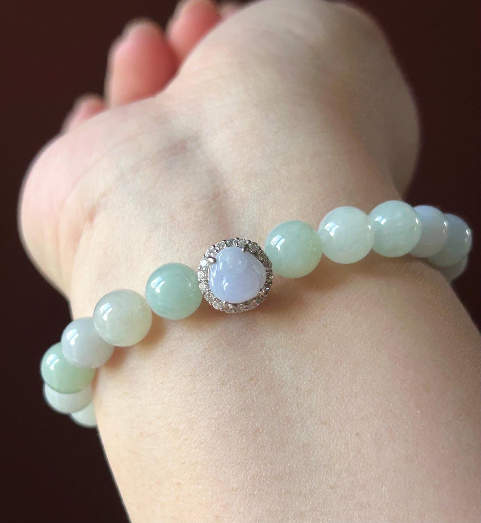 Natural Jadeite Beaded Bracelet – Burmese Type A Icy Translucent Pastel Lavender Purple & Light Green Jade, Laughing Buddha Focal, 8.5mm