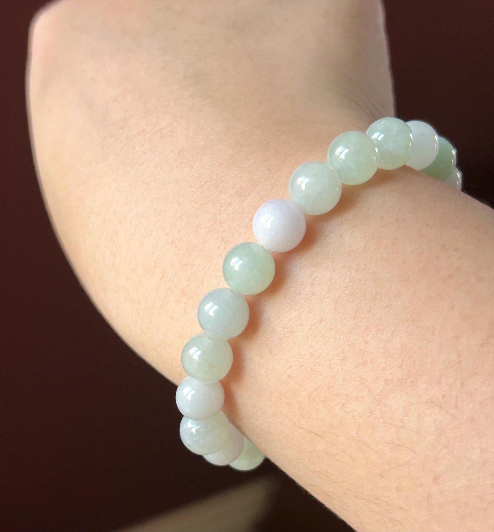 Natural Jadeite Beaded Bracelet – Burmese Type A Icy Translucent Pastel Lavender Purple & Light Green Jade, Laughing Buddha Focal, 8.5mm
