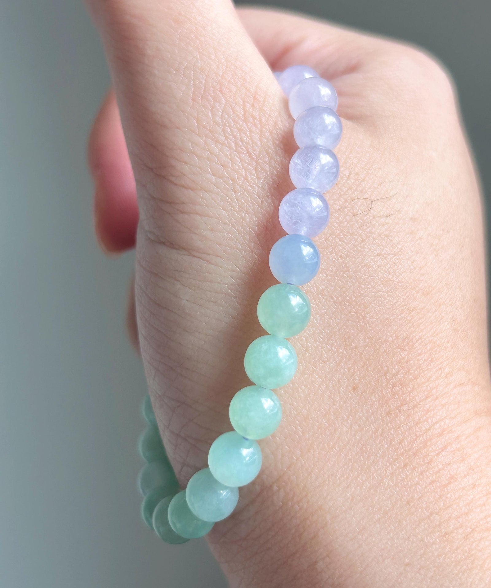 Natural Jadeite Beaded Bracelet Natural Burmese Type A Icy Highly Translucent Lavender Purple & Green Jade 7mm