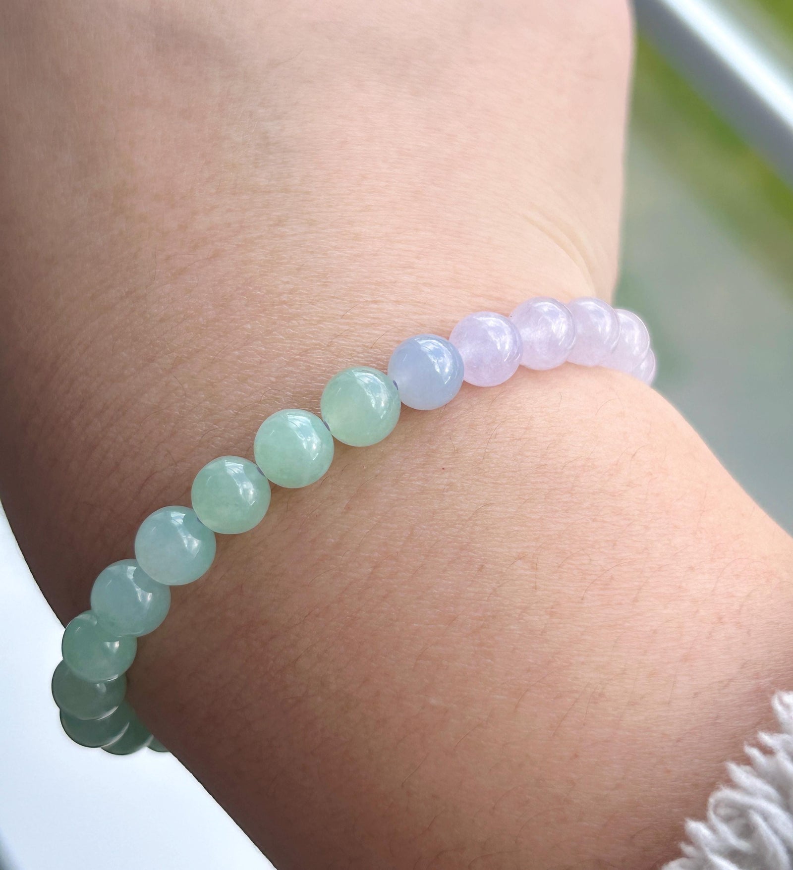 Natural Jadeite Beaded Bracelet Natural Burmese Type A Icy Highly Translucent Lavender Purple & Green Jade 7mm