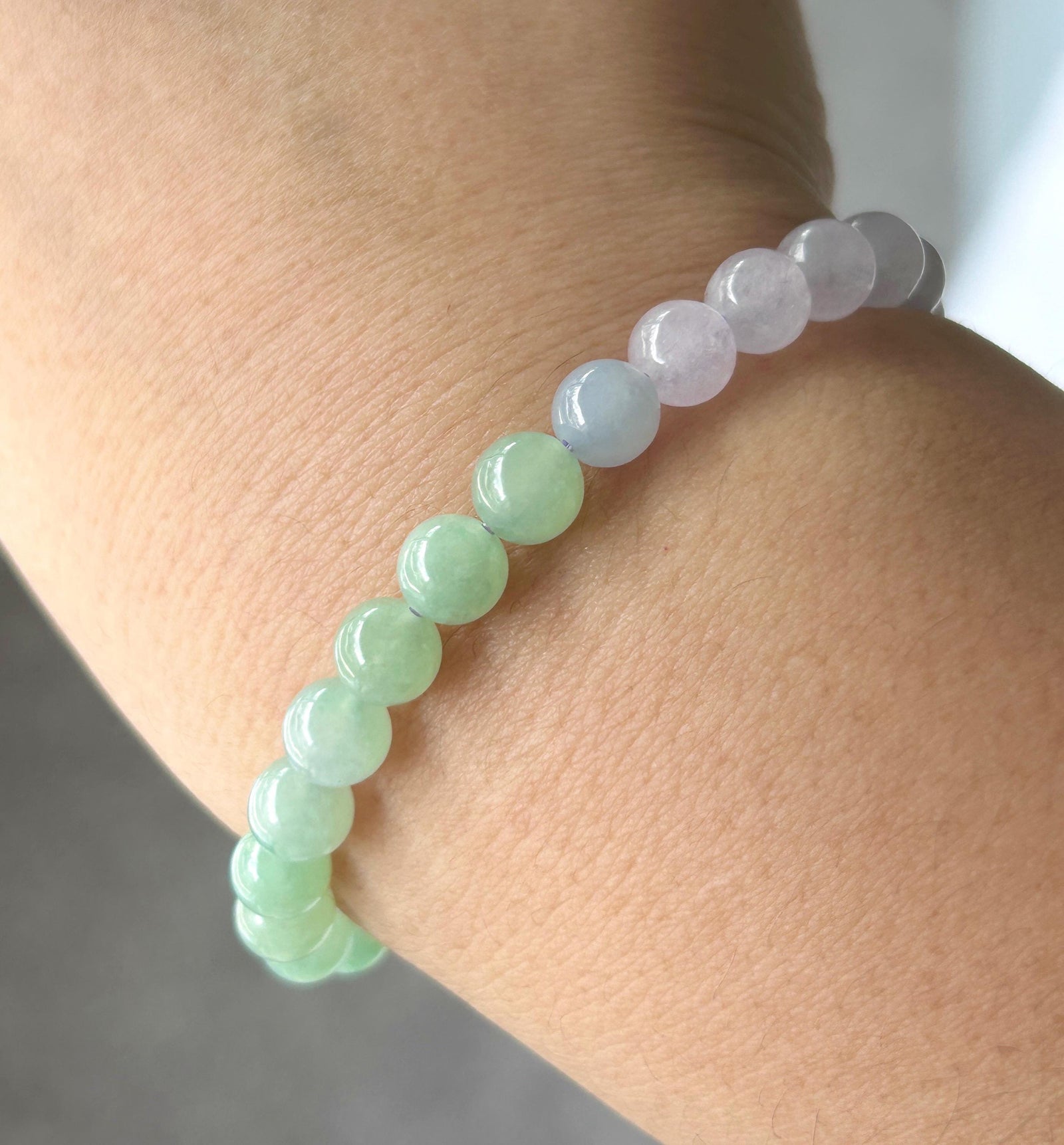 Natural Jadeite Beaded Bracelet Natural Burmese Type A Icy Highly Translucent Lavender Purple & Green Jade 7mm