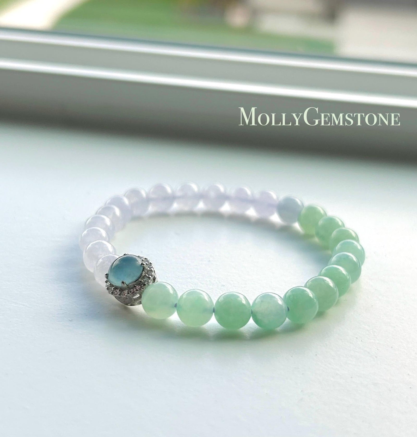Natural Jadeite Beaded Bracelet Natural Burmese Type A Icy Highly Translucent Lavender Purple & Green Jade 7mm