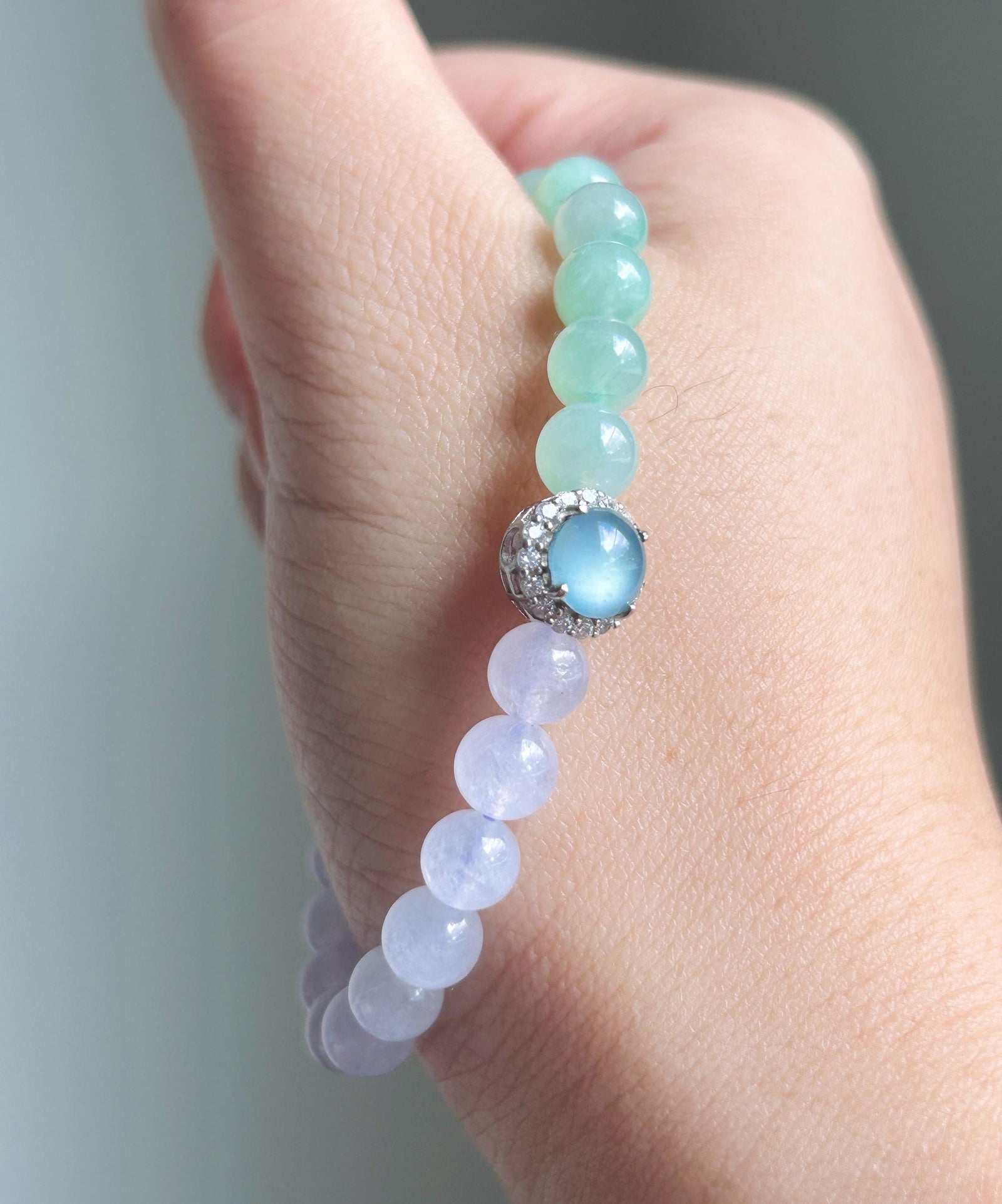 Natural Jadeite Beaded Bracelet Natural Burmese Type A Icy Highly Translucent Lavender Purple & Green Jade 7mm