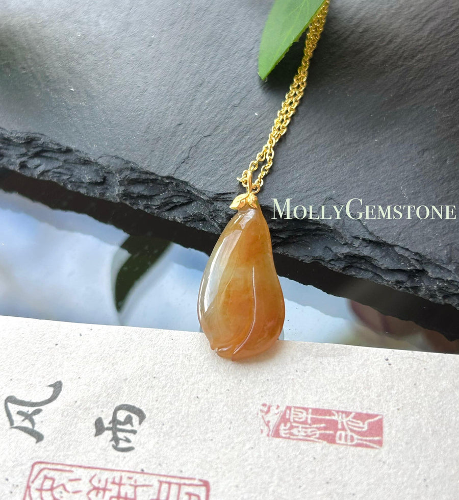Natural Jadeite Magnolia Pendant | Burmese Type A Highly Translucent Icy Unheated Red Jade, 18k Solid Gold Bail