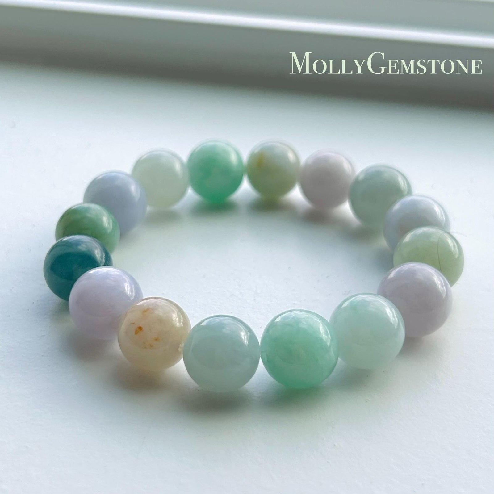 Natural Jadeite Large Beaded Bracelet | Burmese Type A Icy Gelatinous Macaron Multicolor Jade 12.5mm