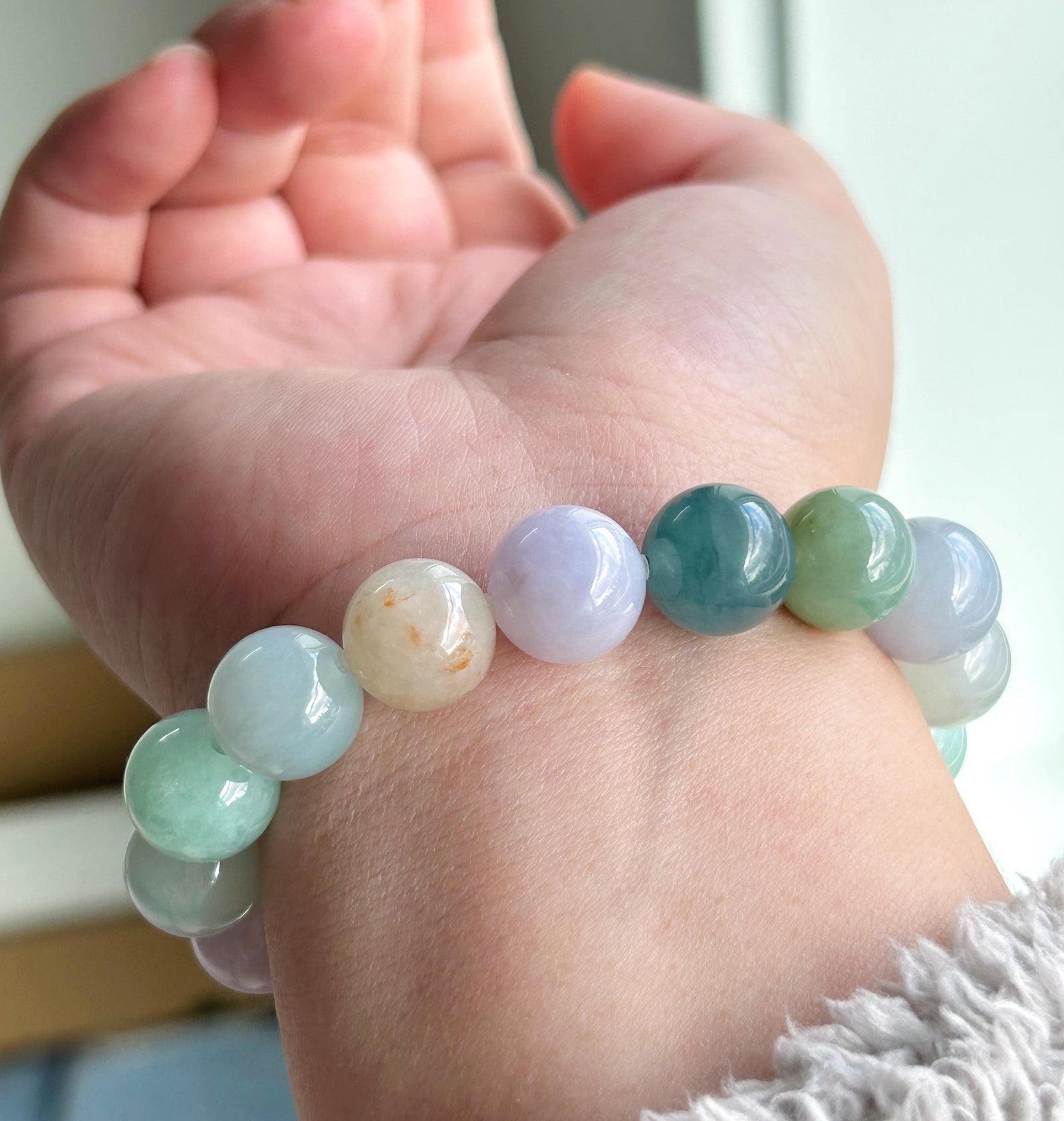 Natural Jadeite Large Beaded Bracelet | Burmese Type A Icy Gelatinous Macaron Multicolor Jade 12.5mm