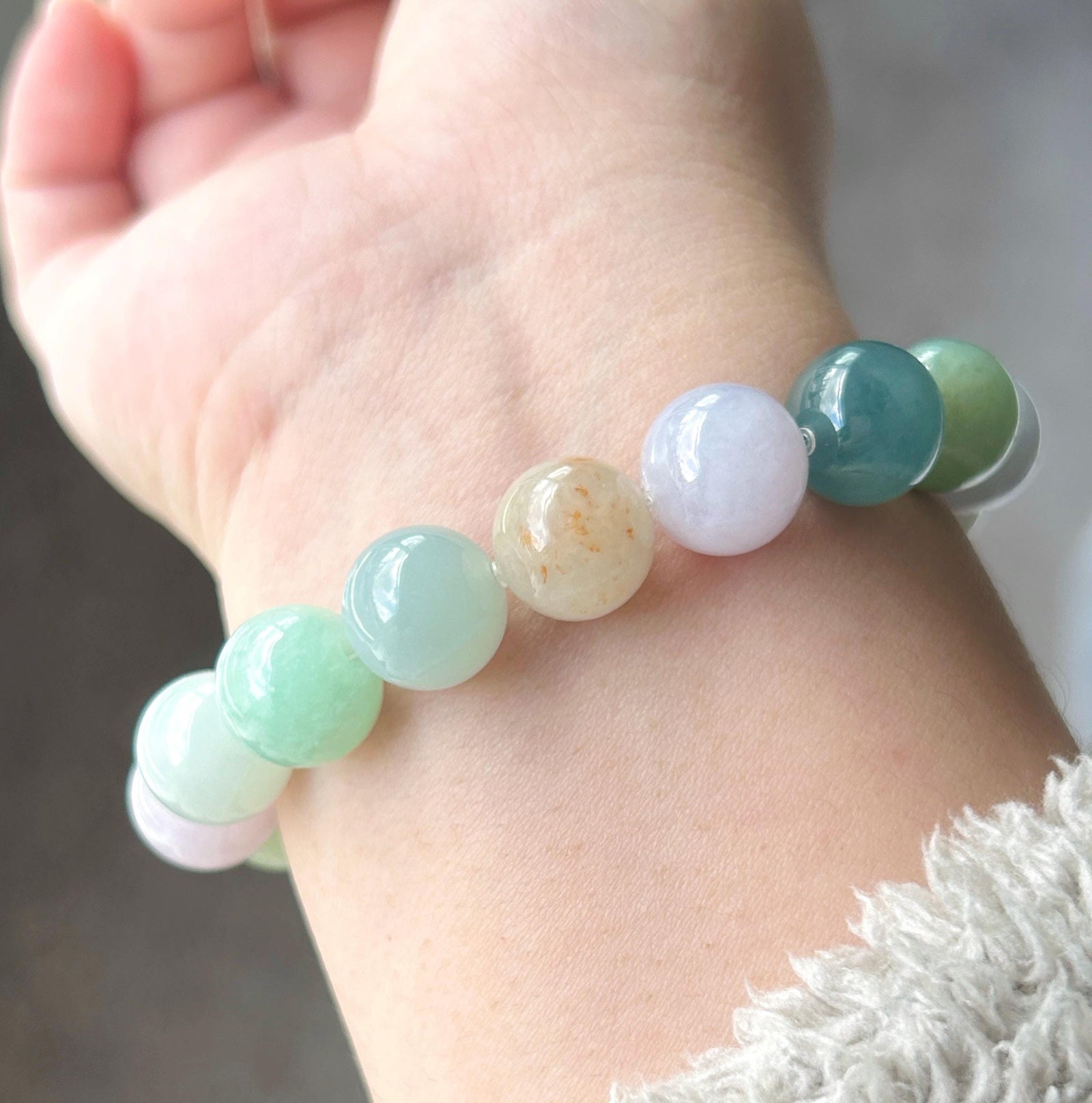 Natural Jadeite Large Beaded Bracelet | Burmese Type A Icy Gelatinous Macaron Multicolor Jade 12.5mm