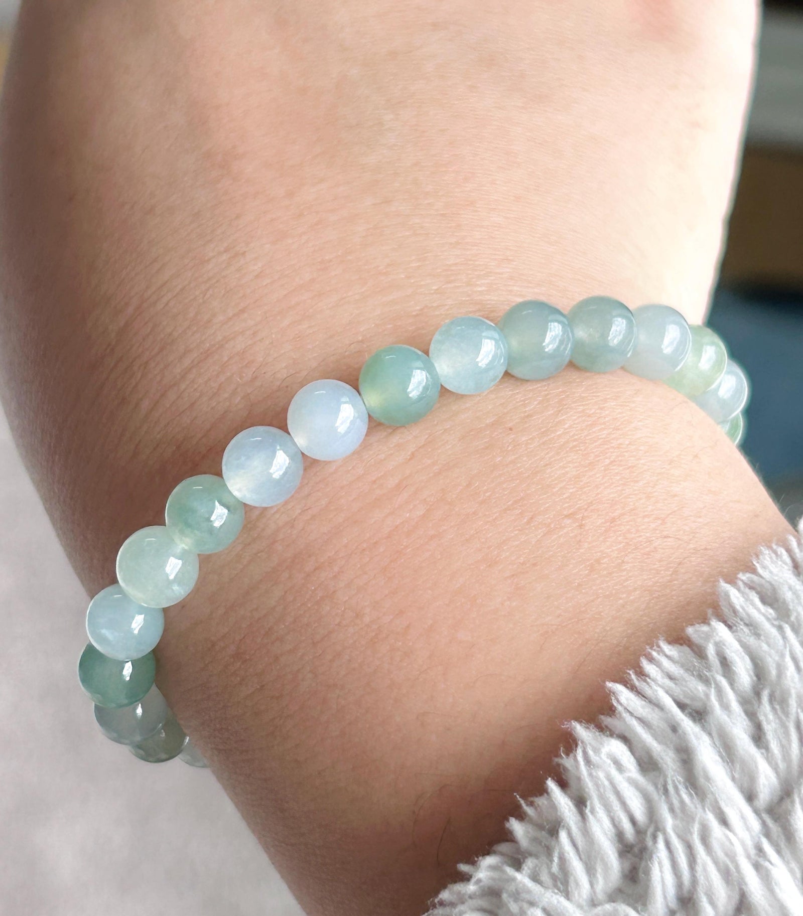 Natural Jadeite Beaded Bracelet | Burmese Type A Highly Translucent Icy Gelatinous Green & Lavender Multicolor Jade 7mm