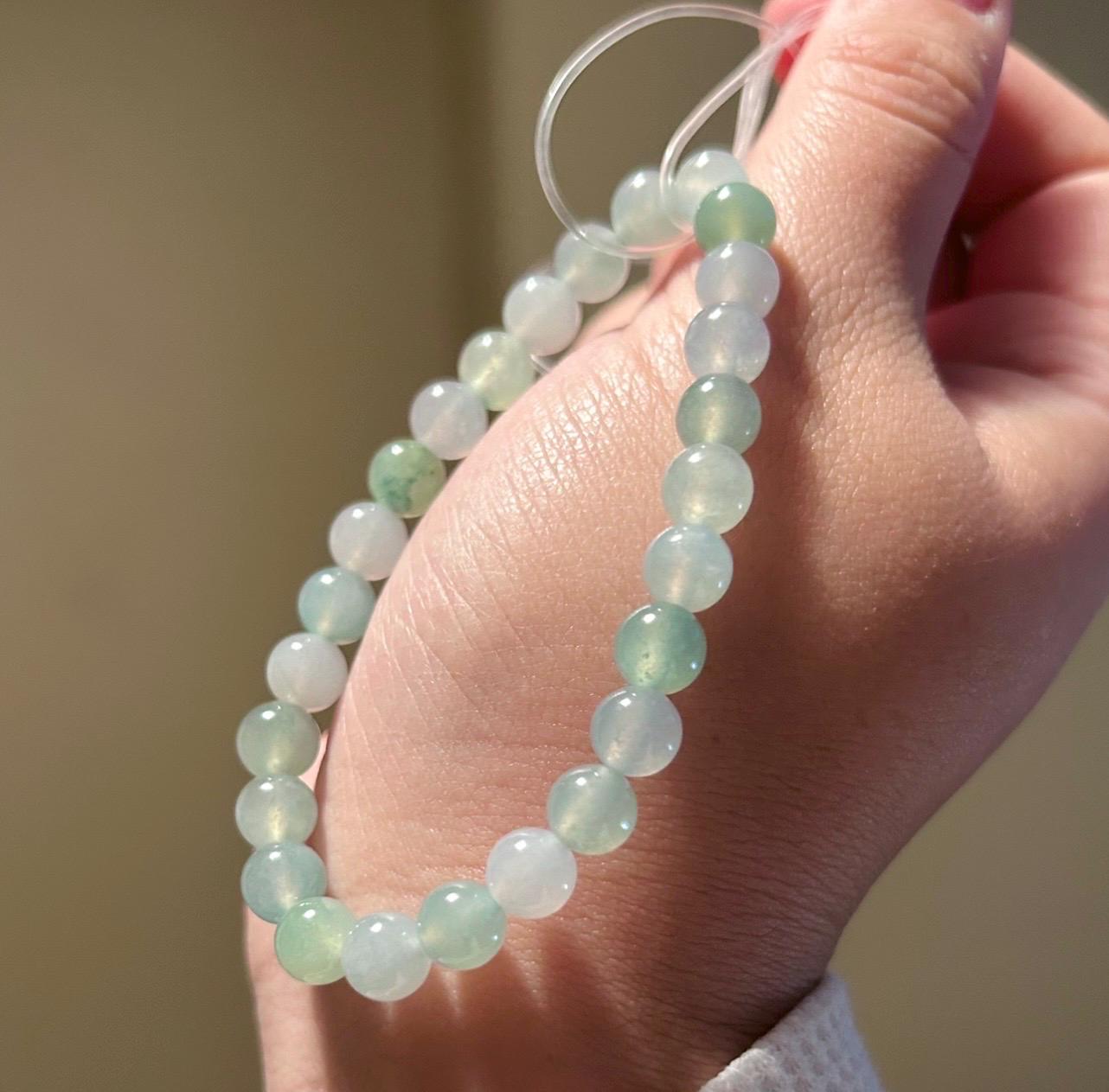 Natural Jadeite Beaded Bracelet | Burmese Type A Highly Translucent Icy Gelatinous Green & Lavender Multicolor Jade 7mm