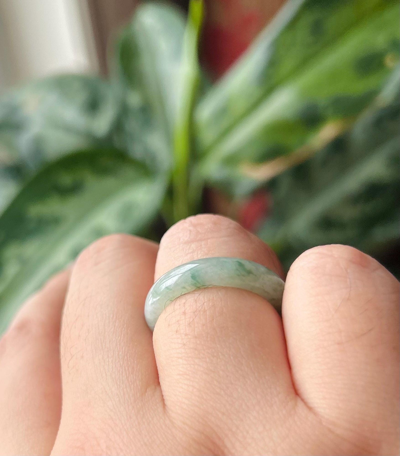 Certified Natural Jadeite Band Ring | Burmese Type A Icy White Base Blue Floral Jade US 8.5 - 18.5mm