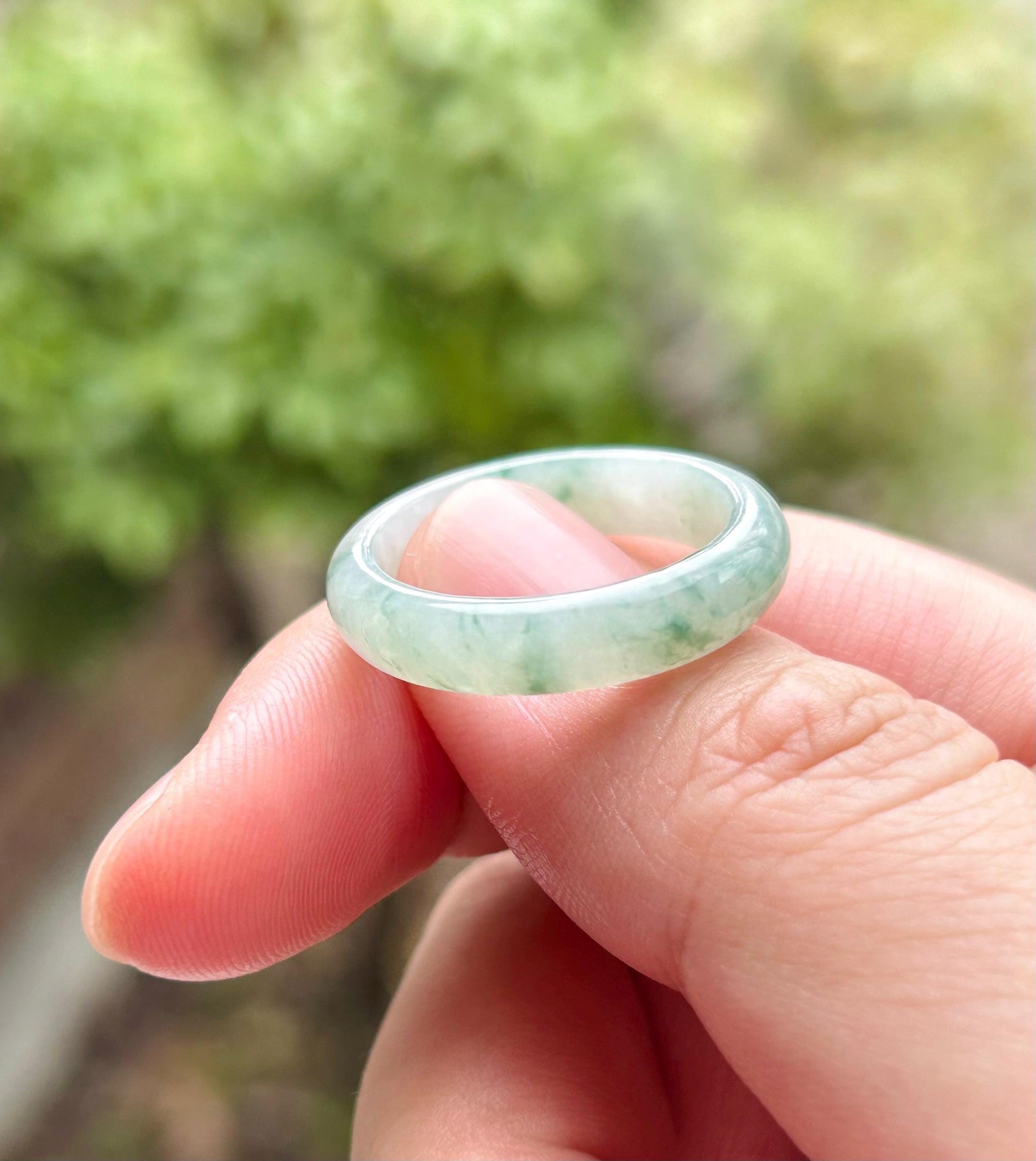 Certified Natural Jadeite Band Ring | Burmese Type A Icy White Base Blue Floral Jade US 8.5 - 18.5mm