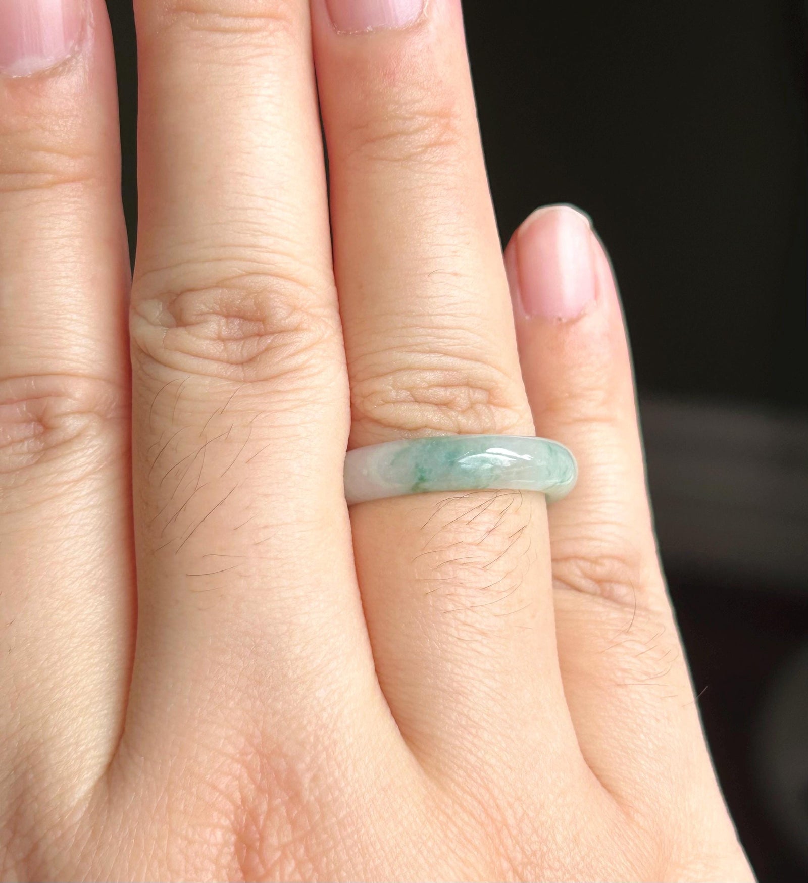 Certified Natural Jadeite Band Ring | Burmese Type A Icy White Base Blue Floral Jade US 8.5 - 18.5mm