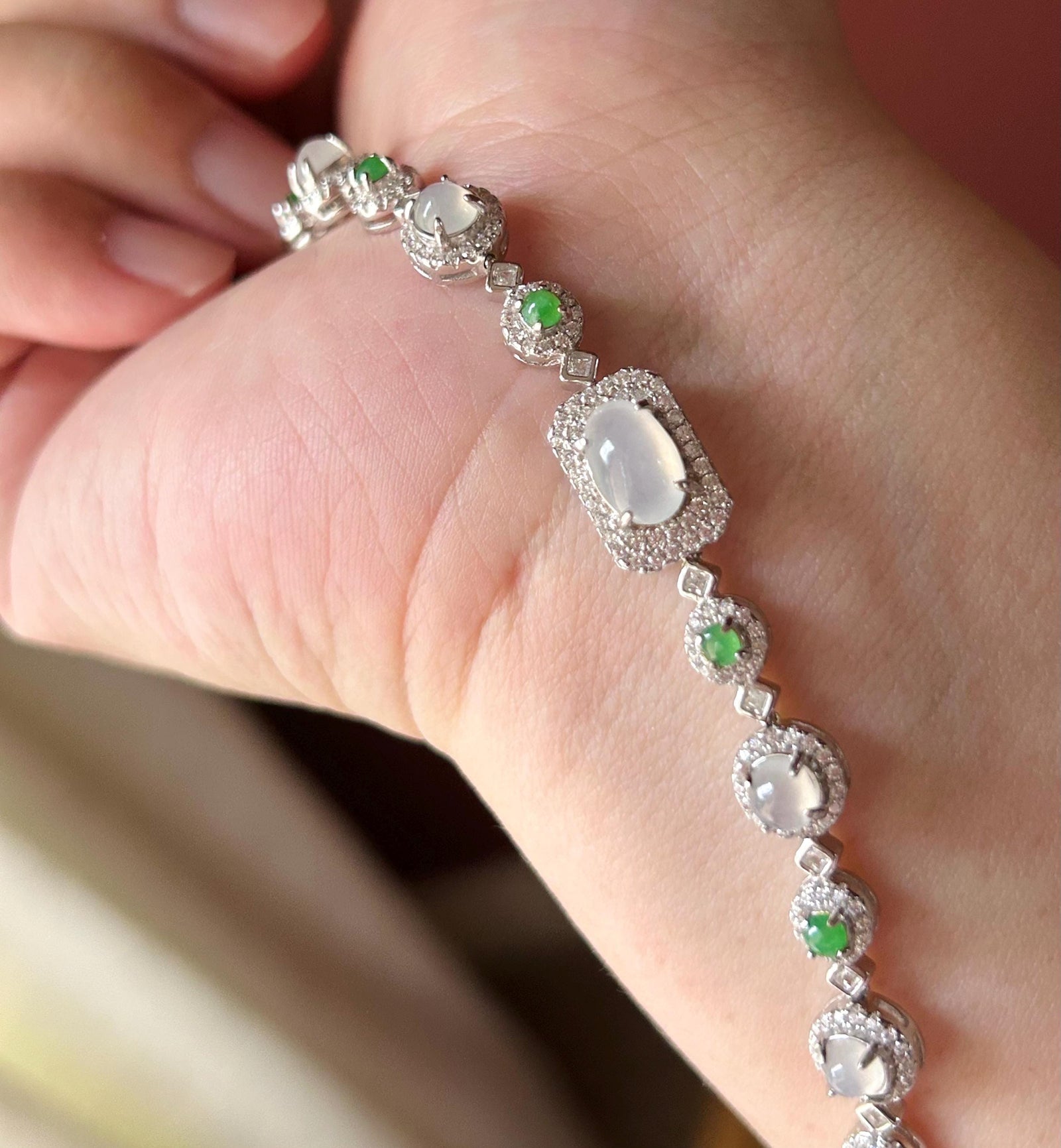 Certified Natural Jadeite Multi Cabochon Sterling Silver Bracelet - Burmese Type A Highly Translucent Icy White & Green Jade